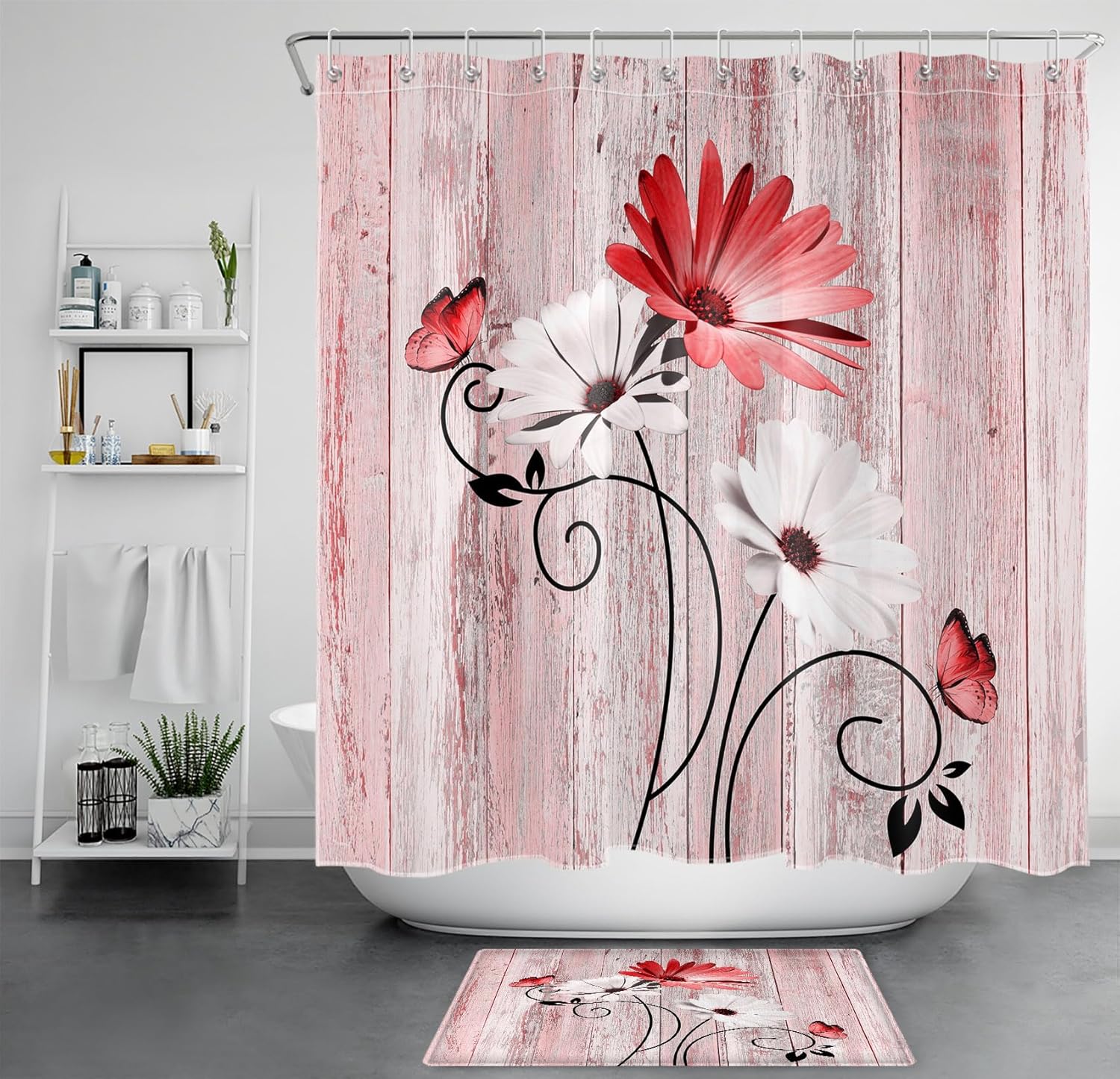 LB Red and White Daisy Shower Curtain Sets with Rugs, Country Floral Abstract Leaf and Butterfly on Wood Bathroom Sets Shower Curtain with Rugs, Farmhouse Bathroom Shower Curtain Set,72x72 inches