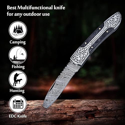 Miniatura 4 de DKS Traders Cuchillo de bolsillo plegable de damasco premium con funda, hoja plegable, el mejor regalo para caza, campamento y transporte diario,