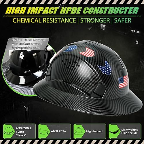 Miniatura 2 de Casco duro de ala completa con patrón de fibra de carbono con visera, casco de seguridad de construcción aprobado por la OSHA para hombres y