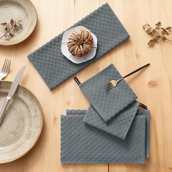 Homaxy 8 Pack 100% Cotton Kitchen Towels and Dishcloths Set, Dark Grey