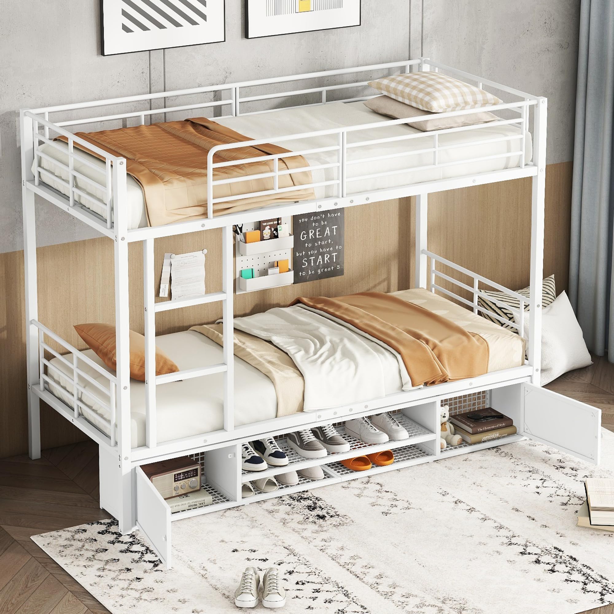 Litera de 90x200 cm con Zapatero Abierto y 2 Armarios, Literas Cama Infantil con Escalera y Protección Anticaída, Literas Infantiles Juveniles, Somier Metálico, Sin Colchón, Blanco