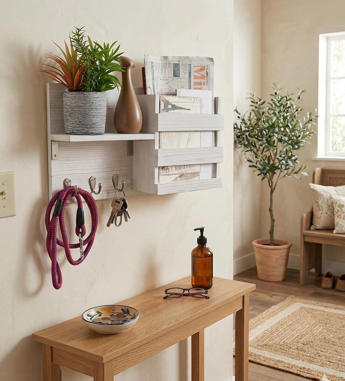 Spiretro Wall-Mounted Key Hooks Holder and Mail Sorter - Rustic Wood White - Entryway Organizer for Letters, Leashes, and Purses - Floating Shelf, 16.5” W x 9.75" H x 4.5” D