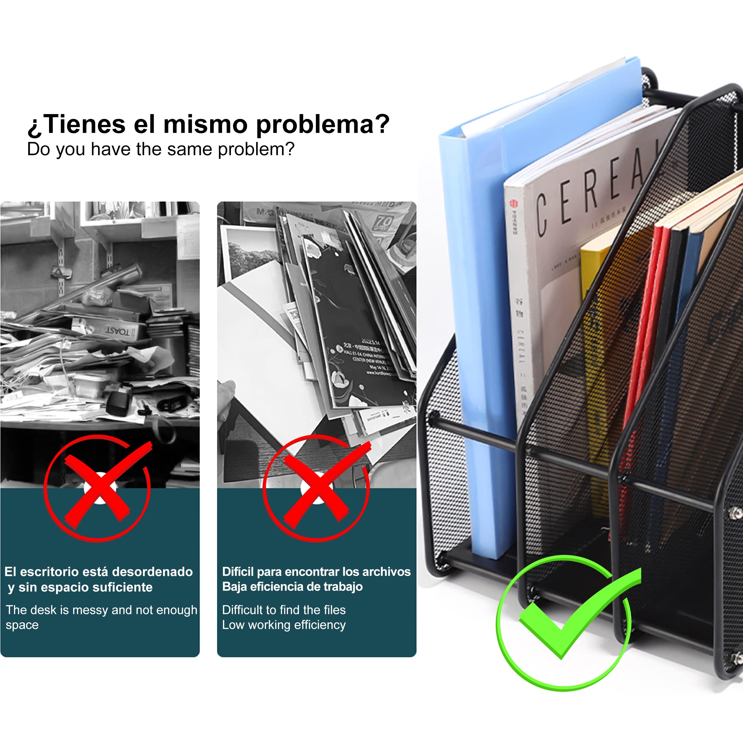 Revistero Organizador de Documentos para Escritorio de Mallas Metálica, Cajas de Almacenamiento de Archivos para Oficina, Escritorio y Estudio, 4 Compartimentos Negro