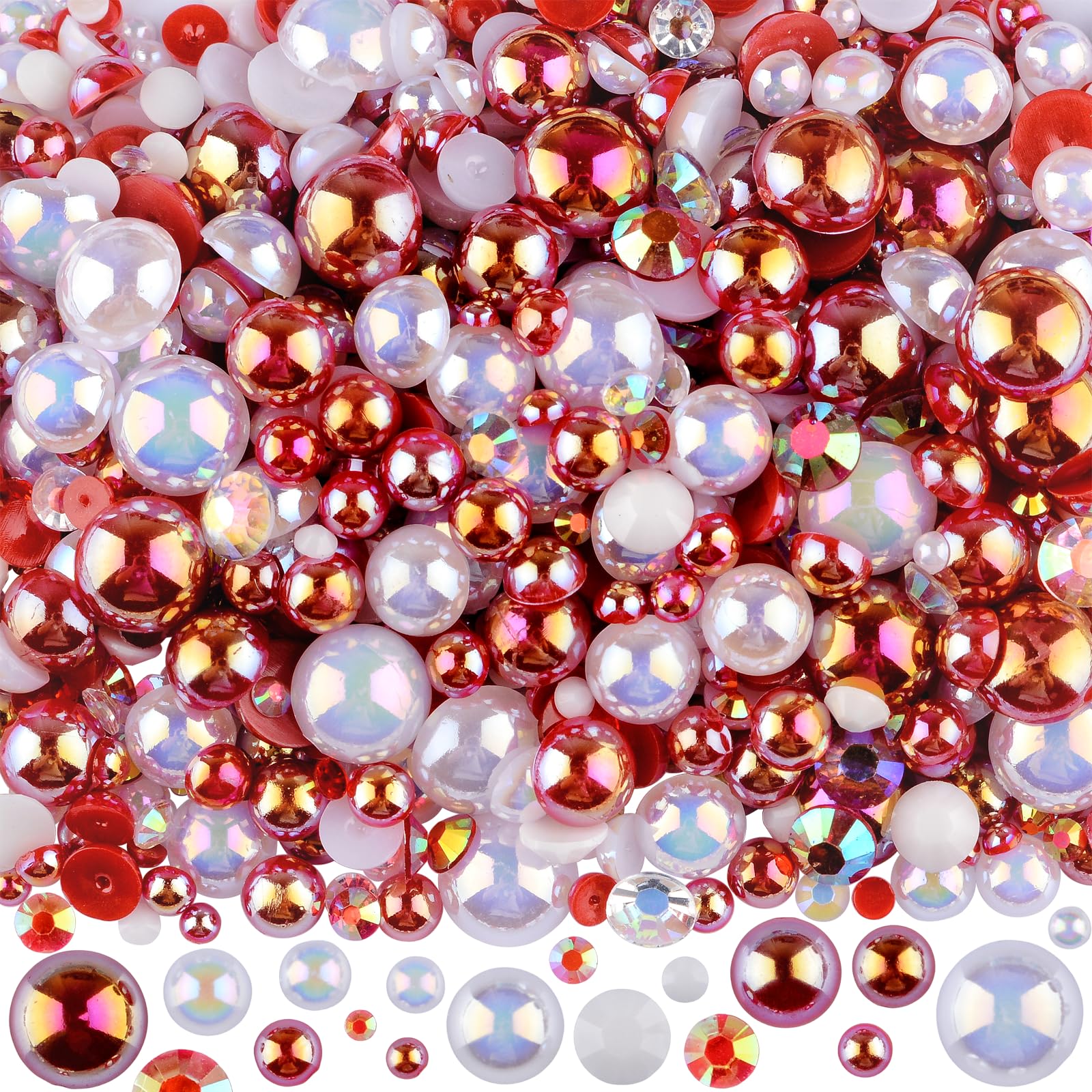 Kikonoke 3900+ Pcs Rhinestones and Pearls Kit, 2-10mm Flatback Gems for Nail Art, Tumbler Decoration, DIY Crafts, 5 Colors Mixed DIY Supplies (Red)