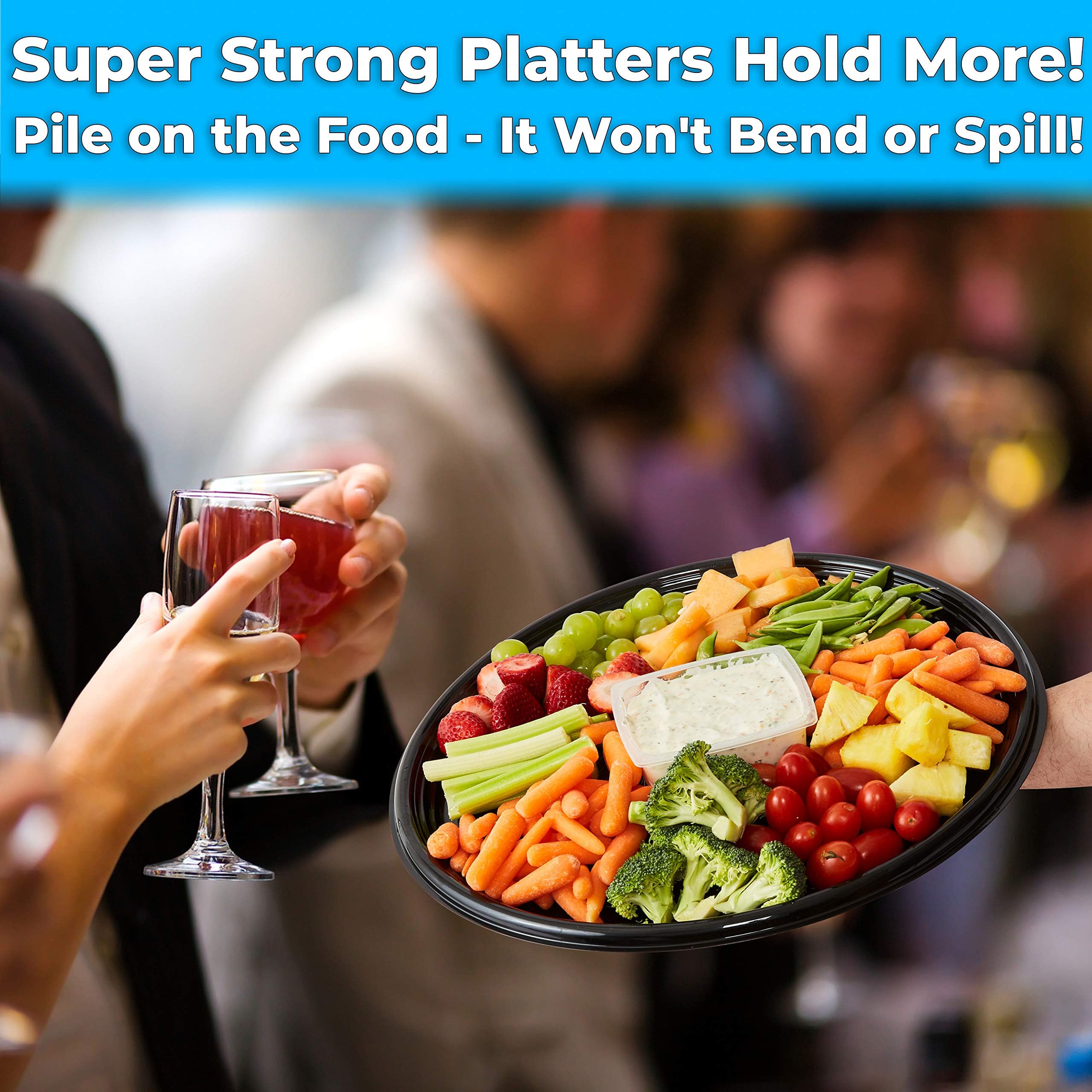 Heavy Duty, Recyclable 16 in. Serving Tray and Lid 3pk. Large, Black Plastic Party Platters with Clear Lids. Elegant Round Banquet or Catering Trays for Serving Appetizers, Sandwich and Veggie Plates