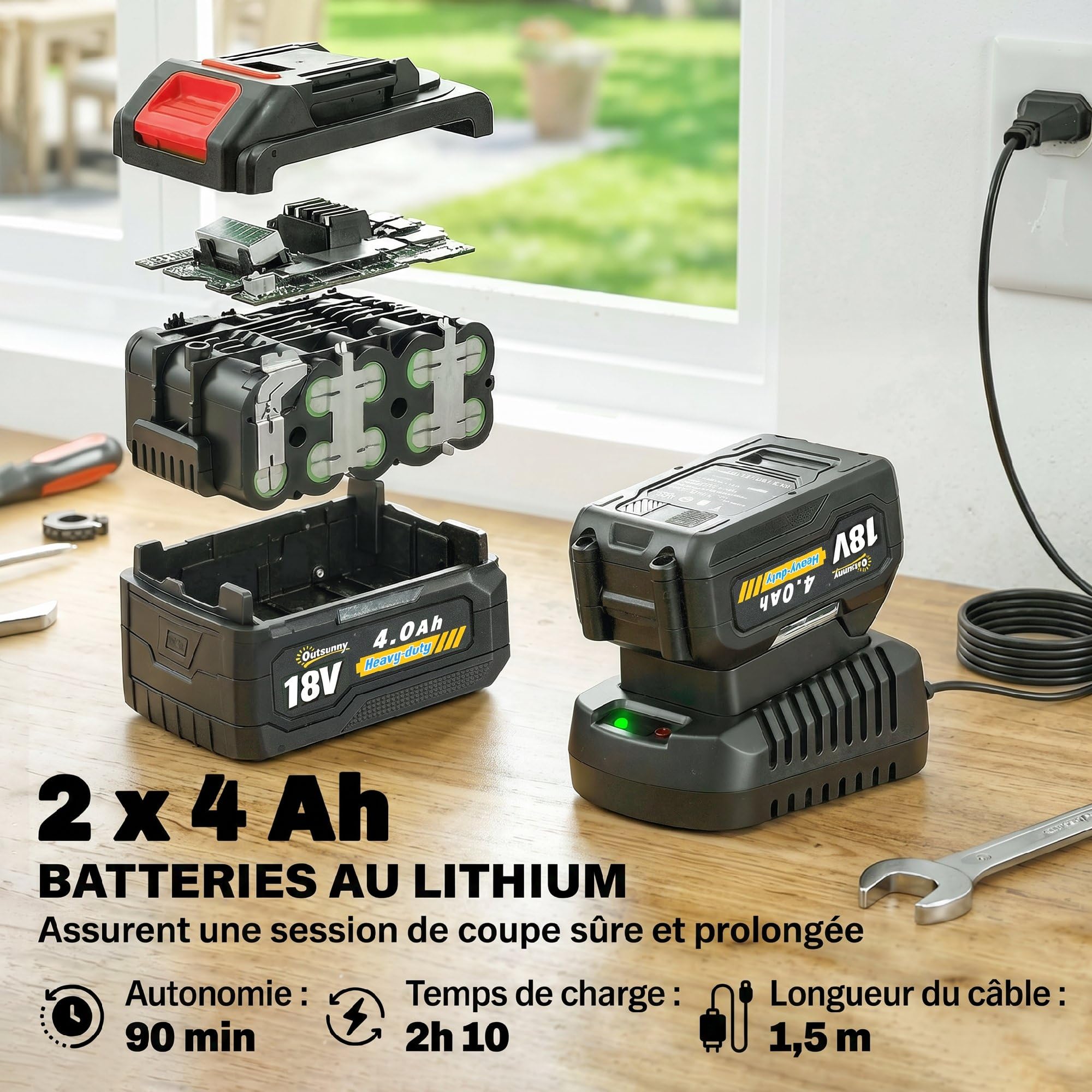 Outsunny Coupe-Bordures sans Fil 18V, 2 Batteries 4,0 Ah, Chargeur, Coupe 25 cm, Manche Télescopique, Carter protège, Tête et Poignée Réglables, Coupe-Bordures Electrique pour Jardin Pelouse, Argent