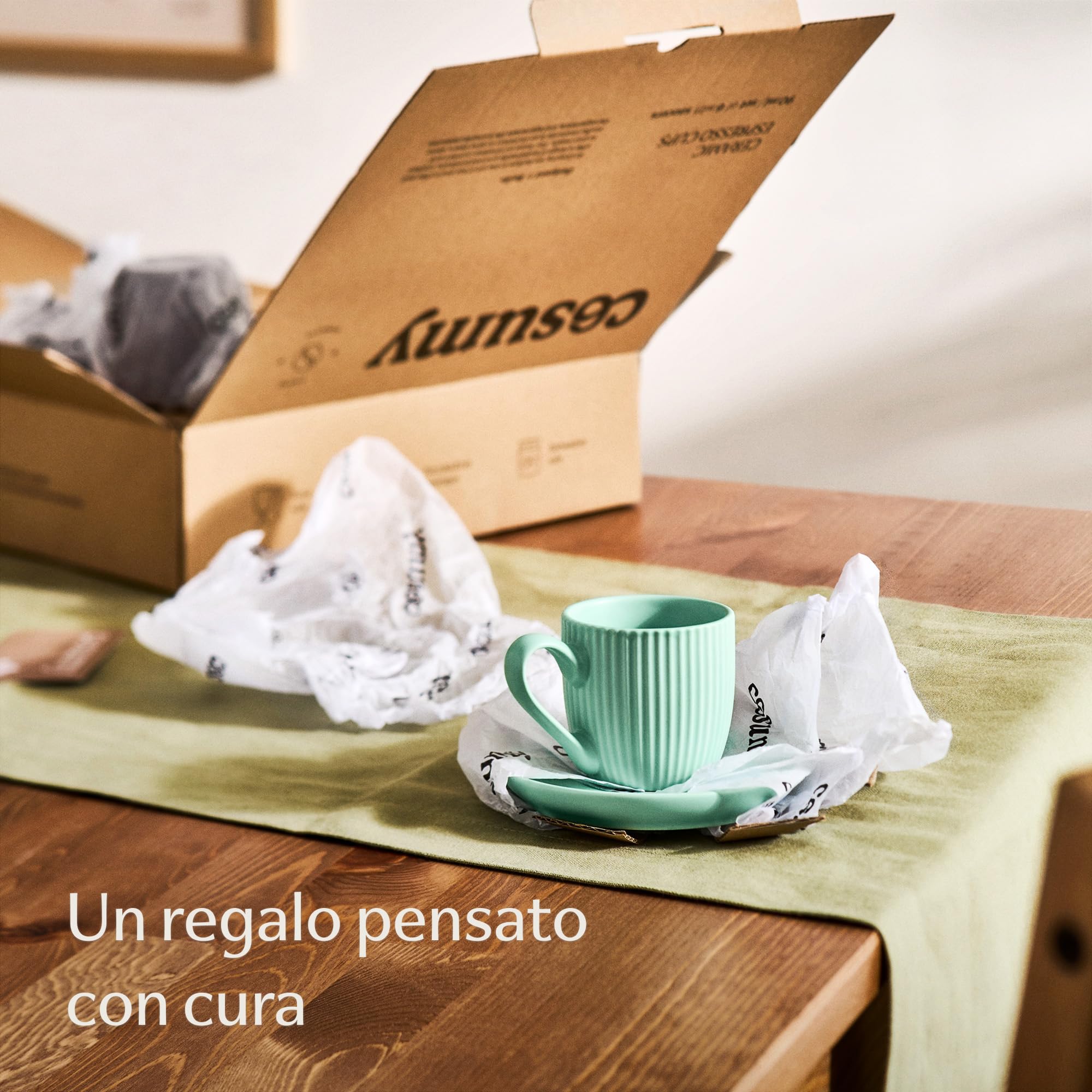 Cosumy Tazzine Caffe Espresso Moderne con Piattino - 6 Tazze 90ml con Manico - Unico disegno a righe - Ceramica Colorate Opaca - Lavabili in lavastoviglie