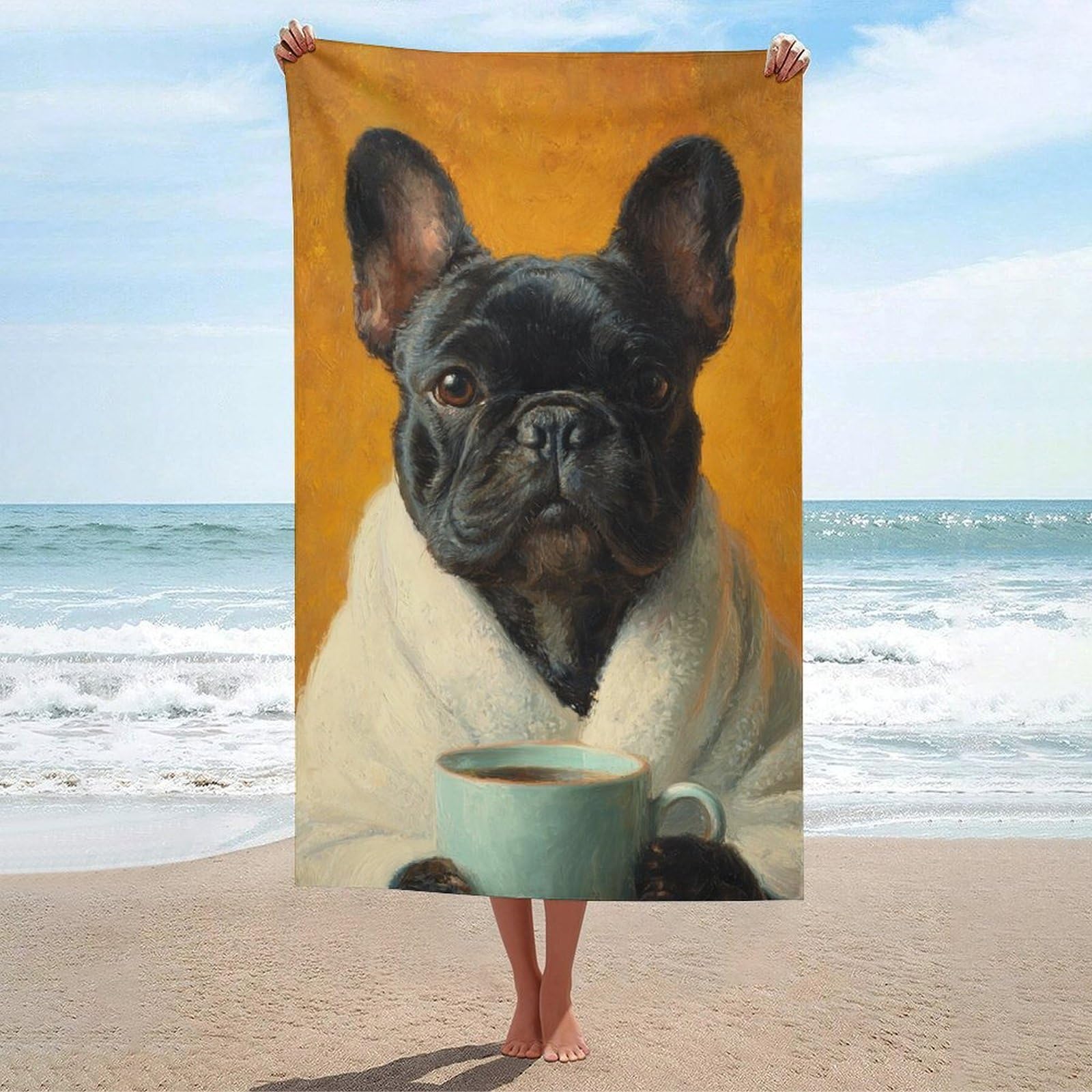 asbwuo Black French Bulldog Holding A Coffee Cup Beach Towel