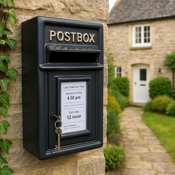 Assorted Collections Wall Mounted Post Box Classic Large Letter Box Lockable With 2 Keys, Heavy Duty Cast Iron Weatherproof Mailbox Easy To Install Keep ‎24x17x 44 cm, 11.8 kg (Black)