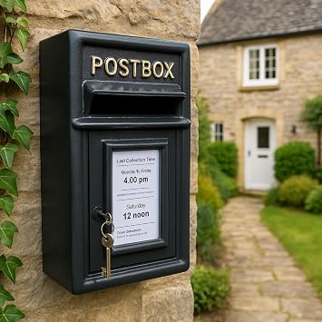 Assorted Collections Wall Mounted Post Box Classic Large Letter Box Lockable With 2 Keys, Heavy Duty Cast Iron Weatherproof Mailbox Easy To Install Keep 24x17x 44 cm, 11.8 kg (Black)