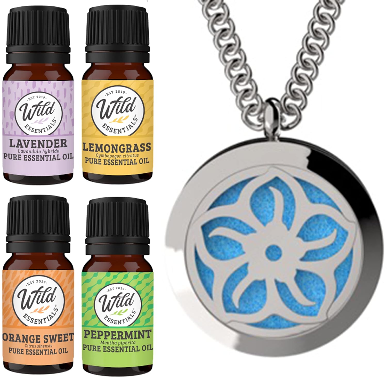 Wild Essentials CZ Flower Necklace Essential Oil Diffuser Kit with Lavender, Lemongrass, Peppermint, Orange Oils, 12 Refill Pads, Calming Aromatherapy Gift Set, Customizable Color Changing, Perfume