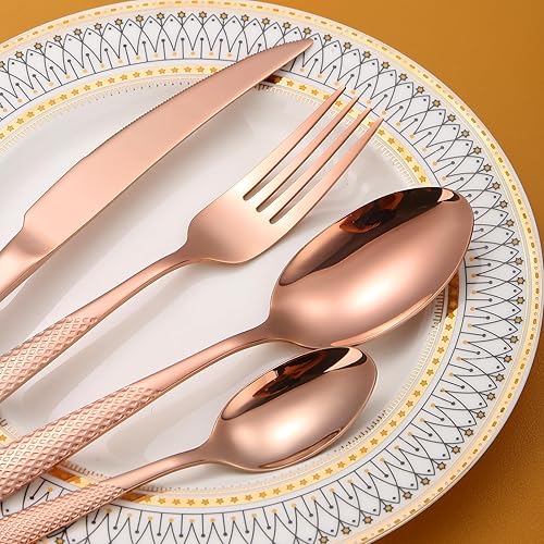 Miniatura 4 de A  HOUSEWARE Hammered Flatware Set Copper Silverware 20 Piece Stainless Steel Service for 4 Forks Knives Spoons Heavy Duty Thickened Handle with