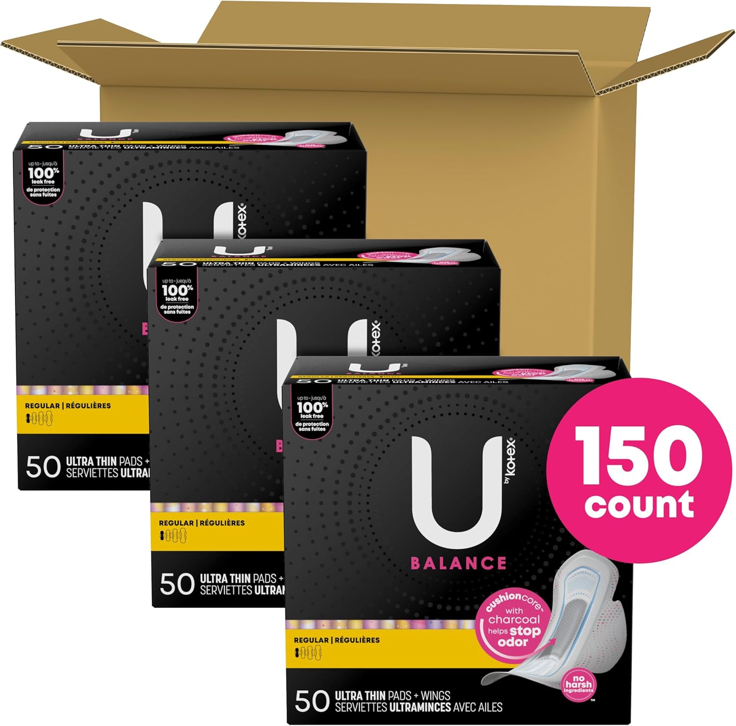 U by Kotex Balance Ultra Thin Pads with Wings, Regular Absorbency, 150 Count (3 Packs of 50) (Packaging May Vary