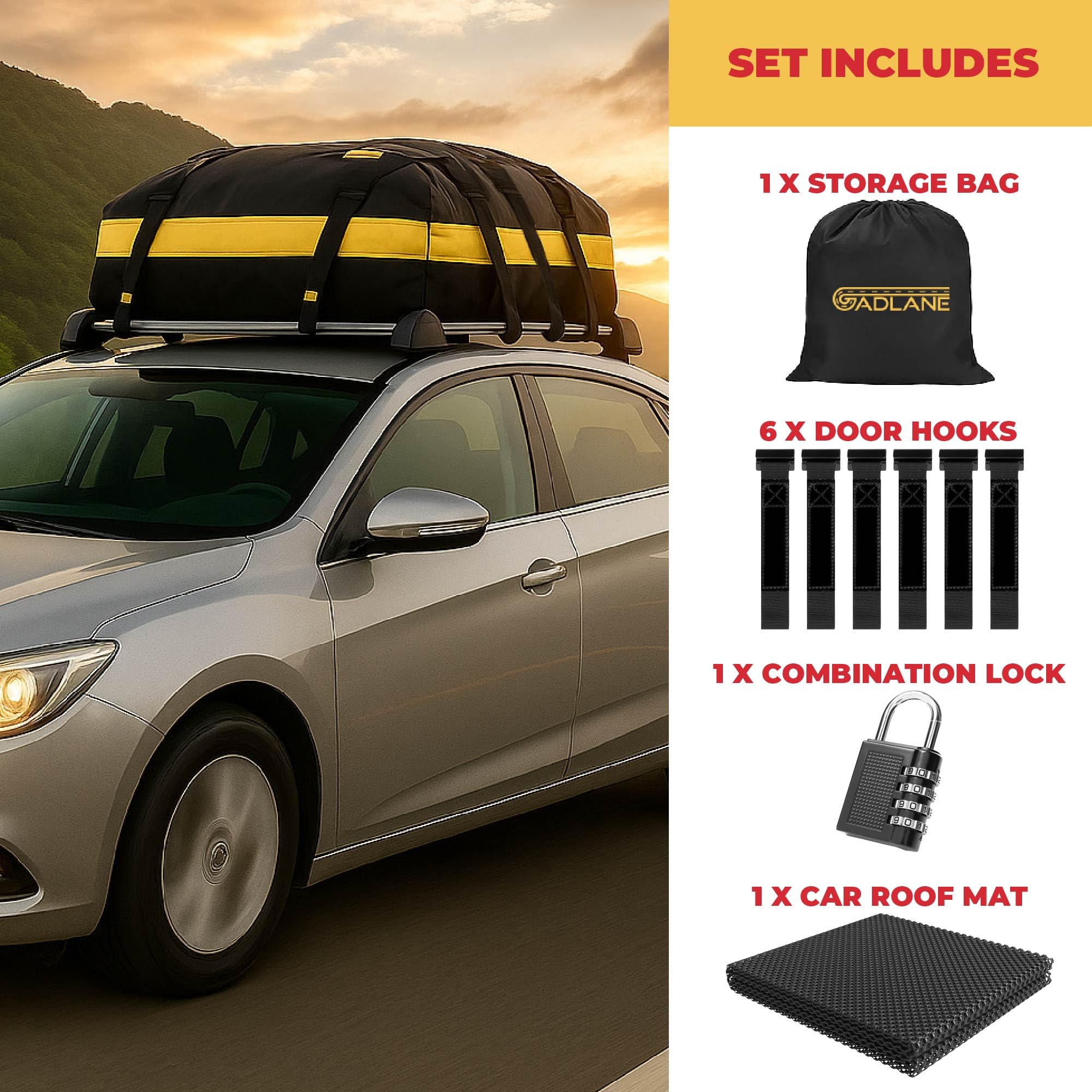 GADLANE Bolsa de Techo para Coche - 550L Cofre de Techo Impermeable para Coches con o sin Portaequipajes, Alfombrilla Antideslizante, 6 Correas Resistentes, Cerradura de Combinación (Amarillo)