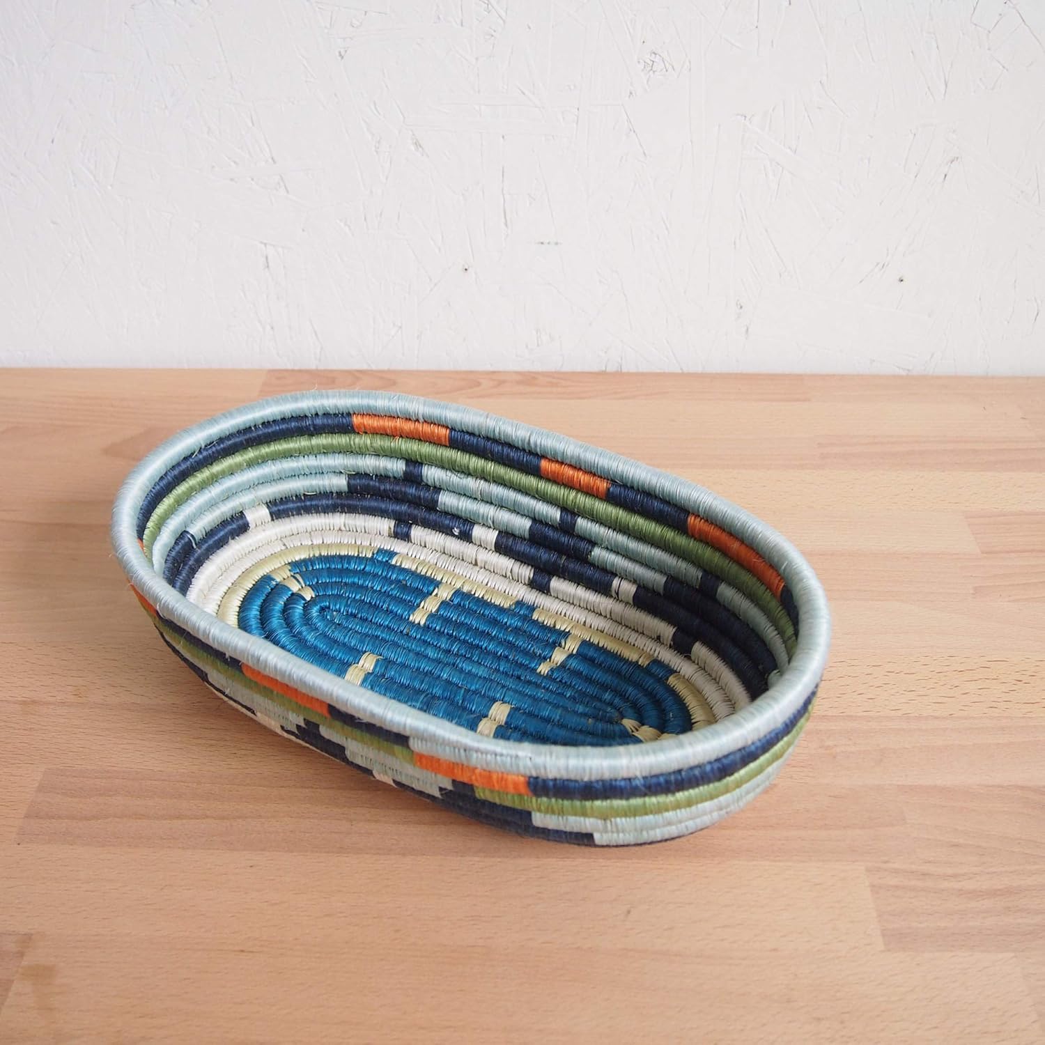 African Bread Basket- Mwangaza/Sisal and Sweetgrass/Woven Basket/Made in Rwanda/Blues, Orange, Green, Yellow, White