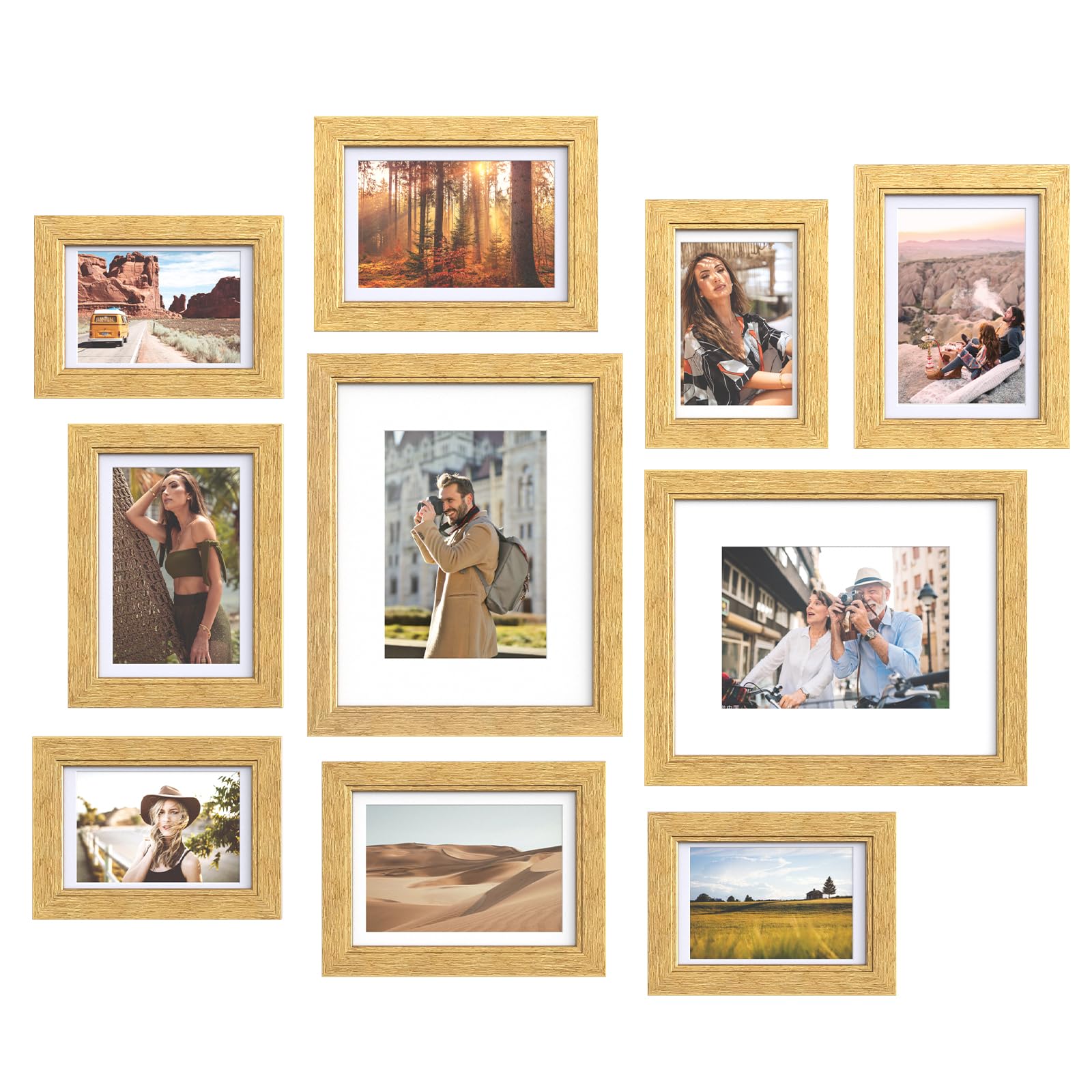 Povrgive Picture Frame Set 10 Pack, Gallery Wall Frame Set with Mat for Wall Mounting or Tabletop Display, Two 8x10, Four 5x7, Four 4x6, Photo Frames for Wall and Tabletop, Made of Solid Wood, Covered by Real Glass, Gold