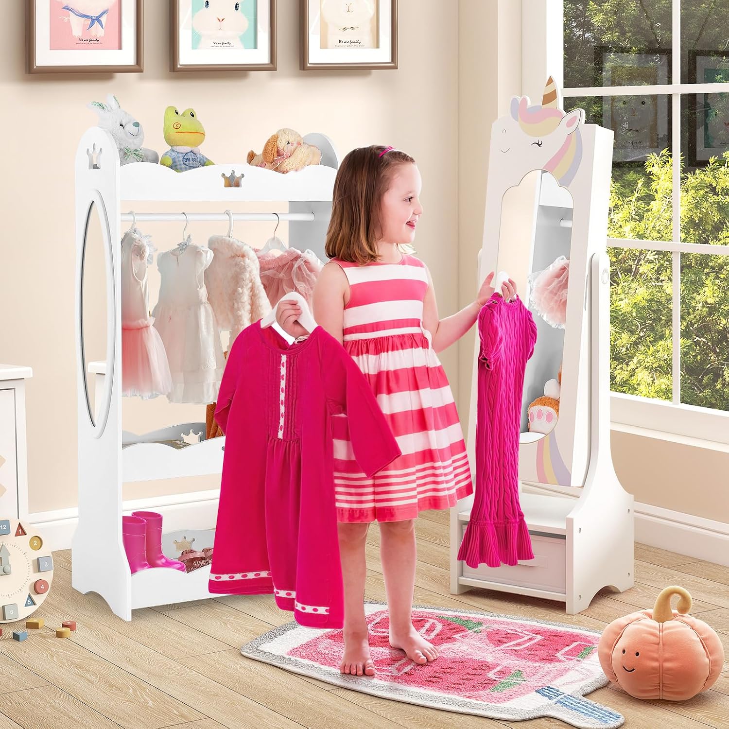 HONEY JOY Kids Jewelry Armoire Cabinet, Horse Themed 45.5" Wooden Standing Jewelry Organizer w/Full-length Mirror & Storage Box, Children Dress Up Vanity Jewelry Cabinet for Girls (White)