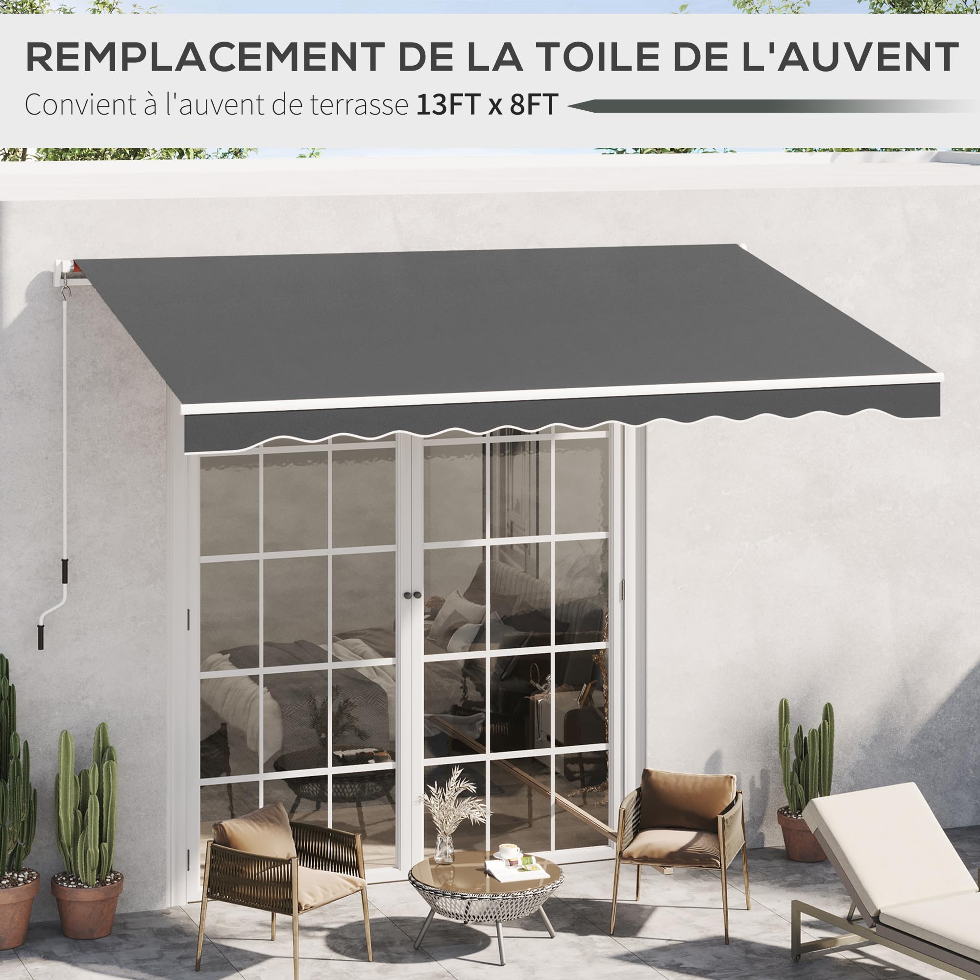 Outsunny Toile de Rechange Store banne - Lambrequin Vagues Douces - Polyester Haute densité 280 g/m² Anti-UV Compatible 3 x 2,5 m dim. 2,82L x 2,4l (avancée) m Gris
