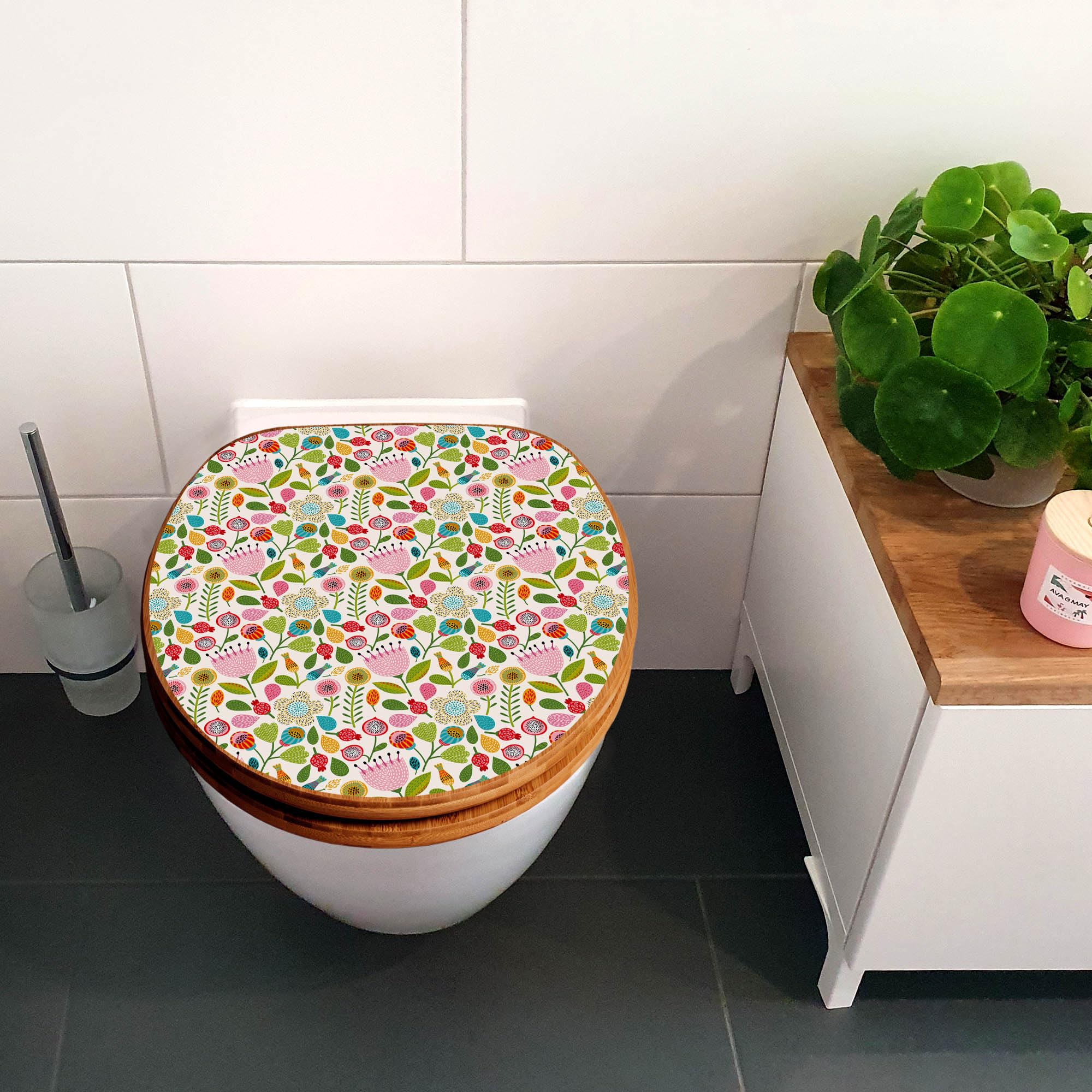banjado Design WC Sitz Bambus Absenkautomatik 45,8x37,5cm - Toilettendeckel mit Absenkautomatik Holz - hochwertiger Bambus Klodeckel - WC-Sitz für gängigen Toiletten - Motiv Rosa Kelch Hell