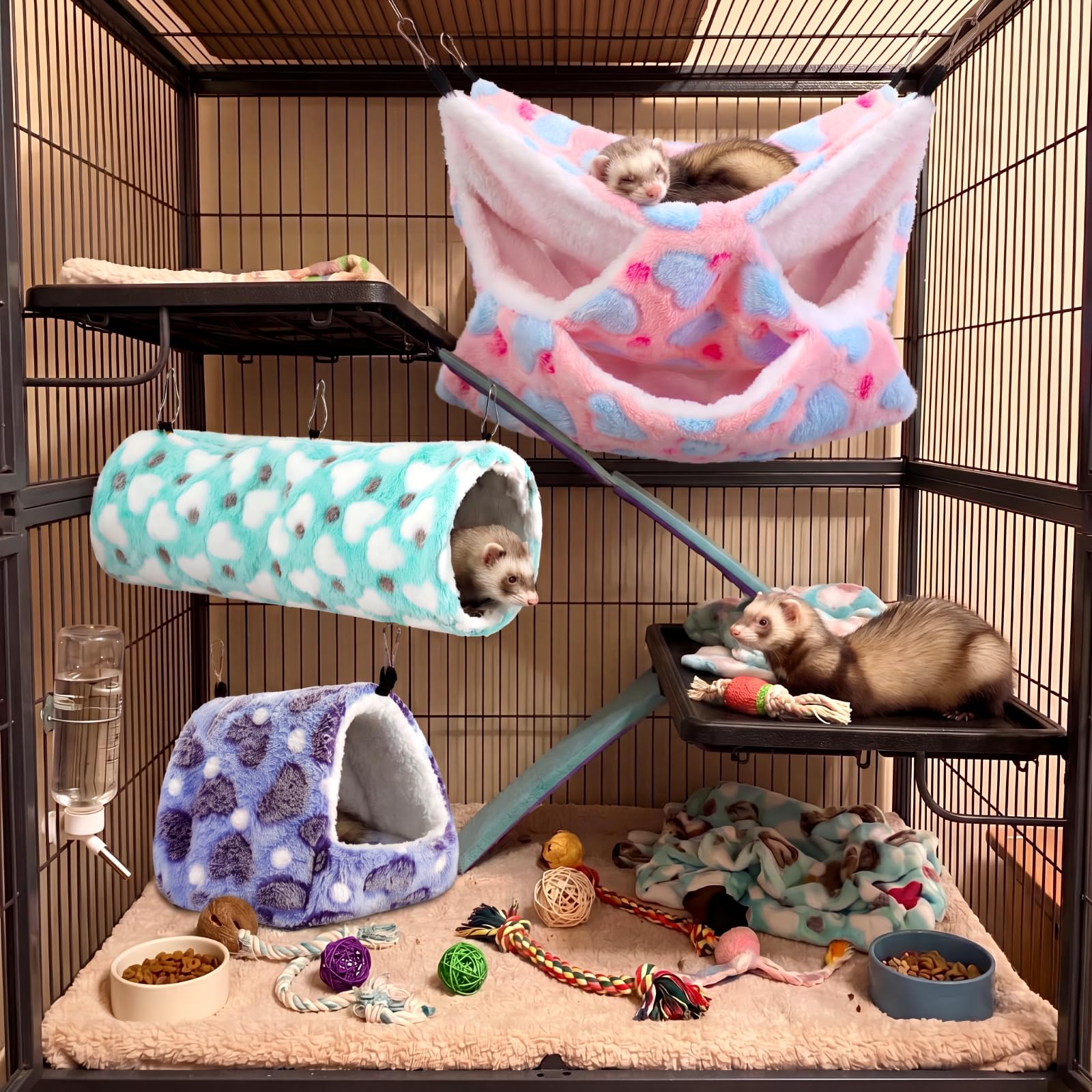 Abbylike Set di 9 amache calde per topi e piccoli animali, tunnel da appendere, giocattolo per porcellini d'India, furetti, criceti, gabbie, accessori per furetti, cincillà, amaca, dormienti,