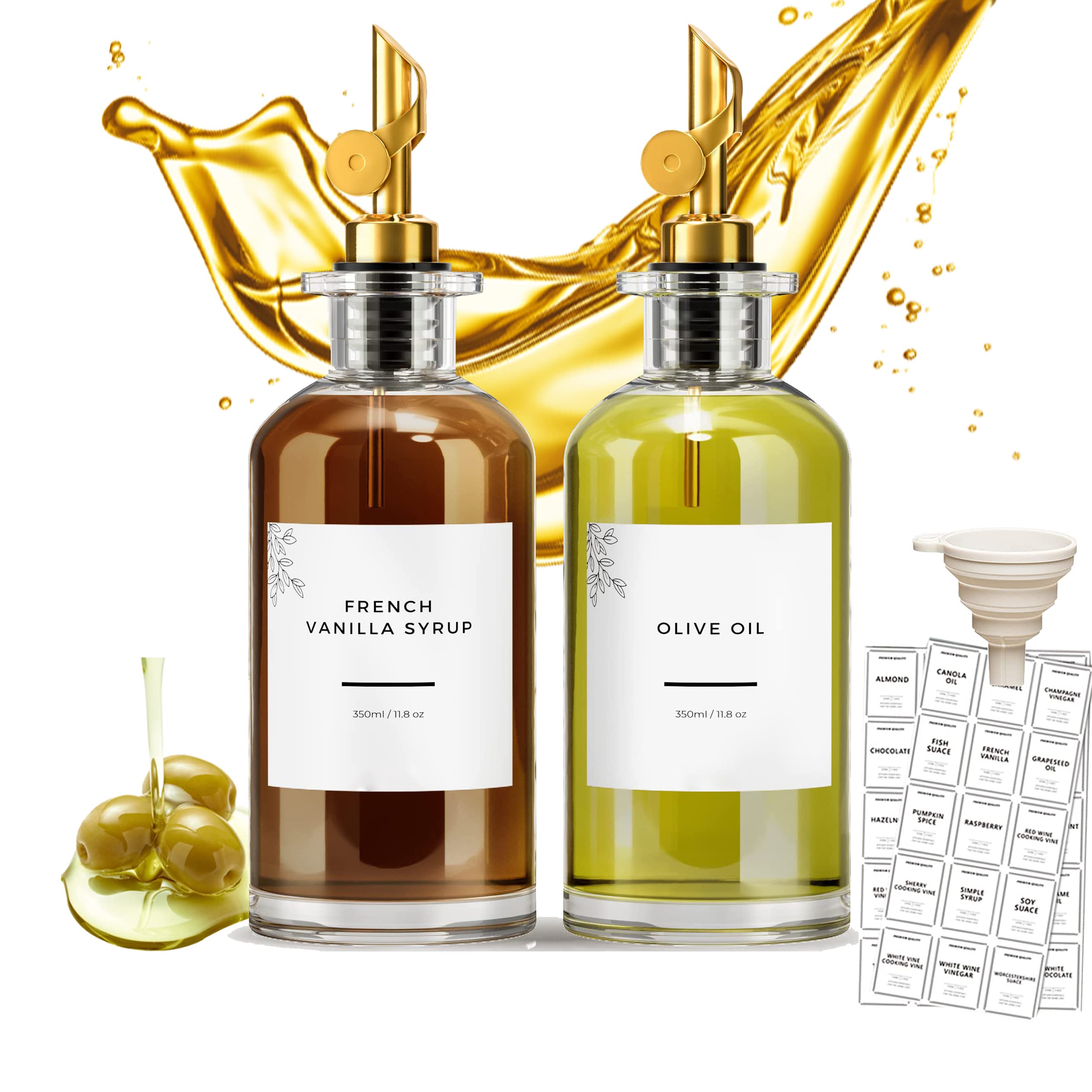 Excefore Olive Oil Dispenser Set - 11.8 oz Glass Bottle + Funnel + Labels