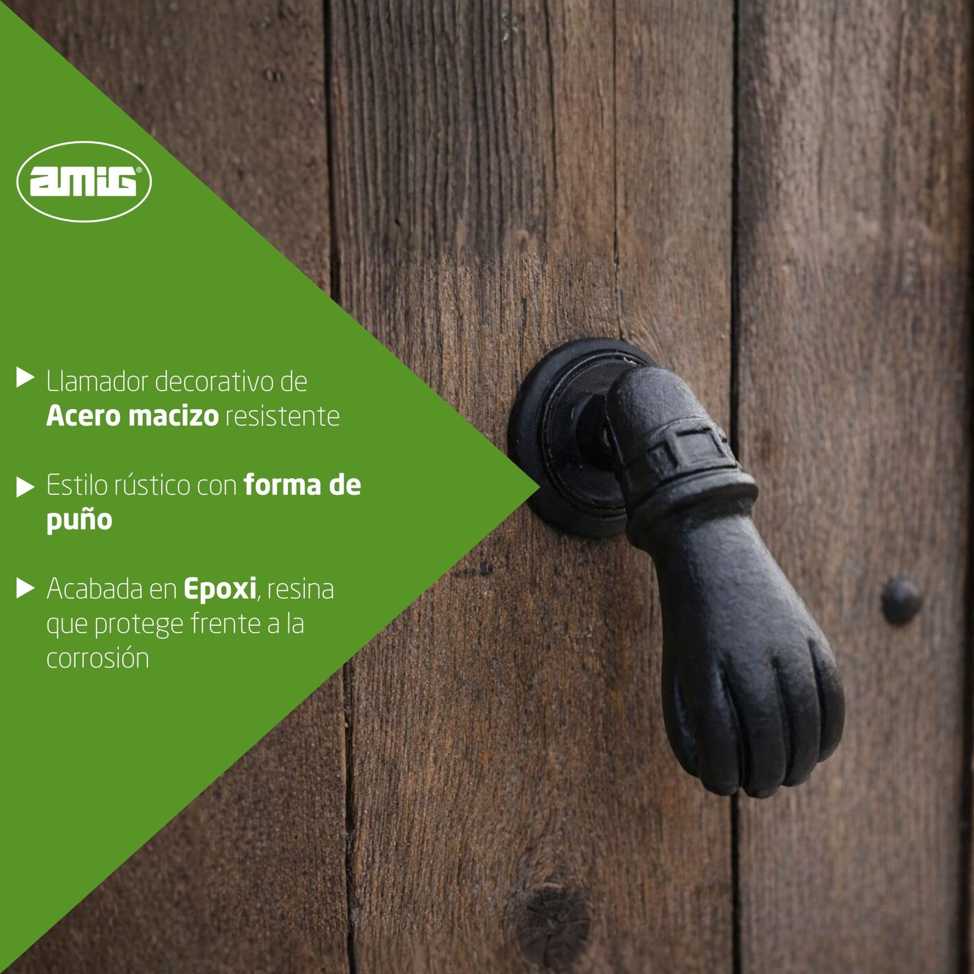 Amig - Aldaba para Puertas de Entrada Exteriores o Interiores Negra con Forma de Puño de Estilo Rústico - 113 x 54 mm - Llamador de Acero Macizo Acabado en Epoxi Negro Anti Corrosión