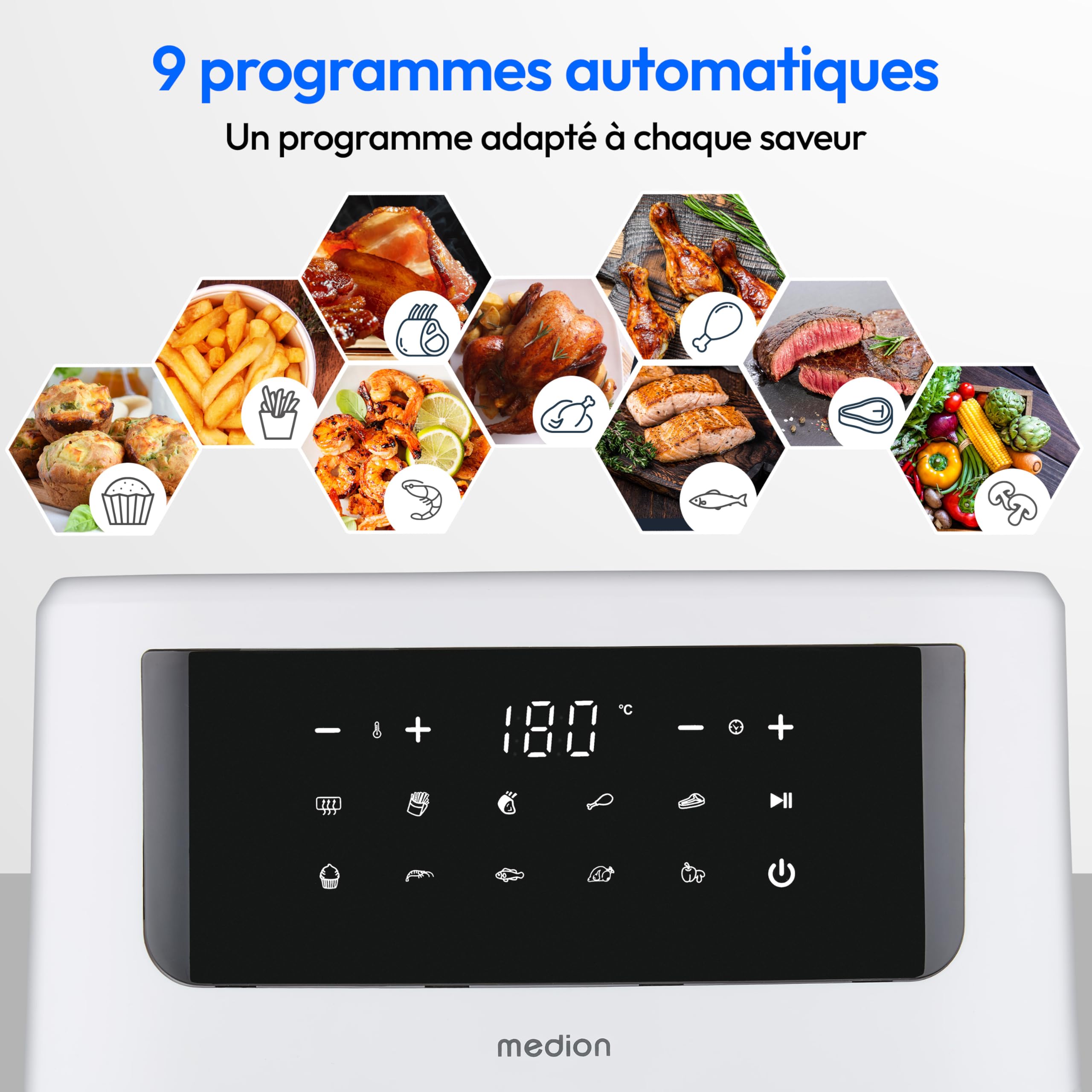 MEDION P10 XL Friteuse à air chaud (6,8 L XXL, Airfryer, 2.150 W, double résistance inox, alarme de secouage, 9 programmes, écran LED tactile) mat