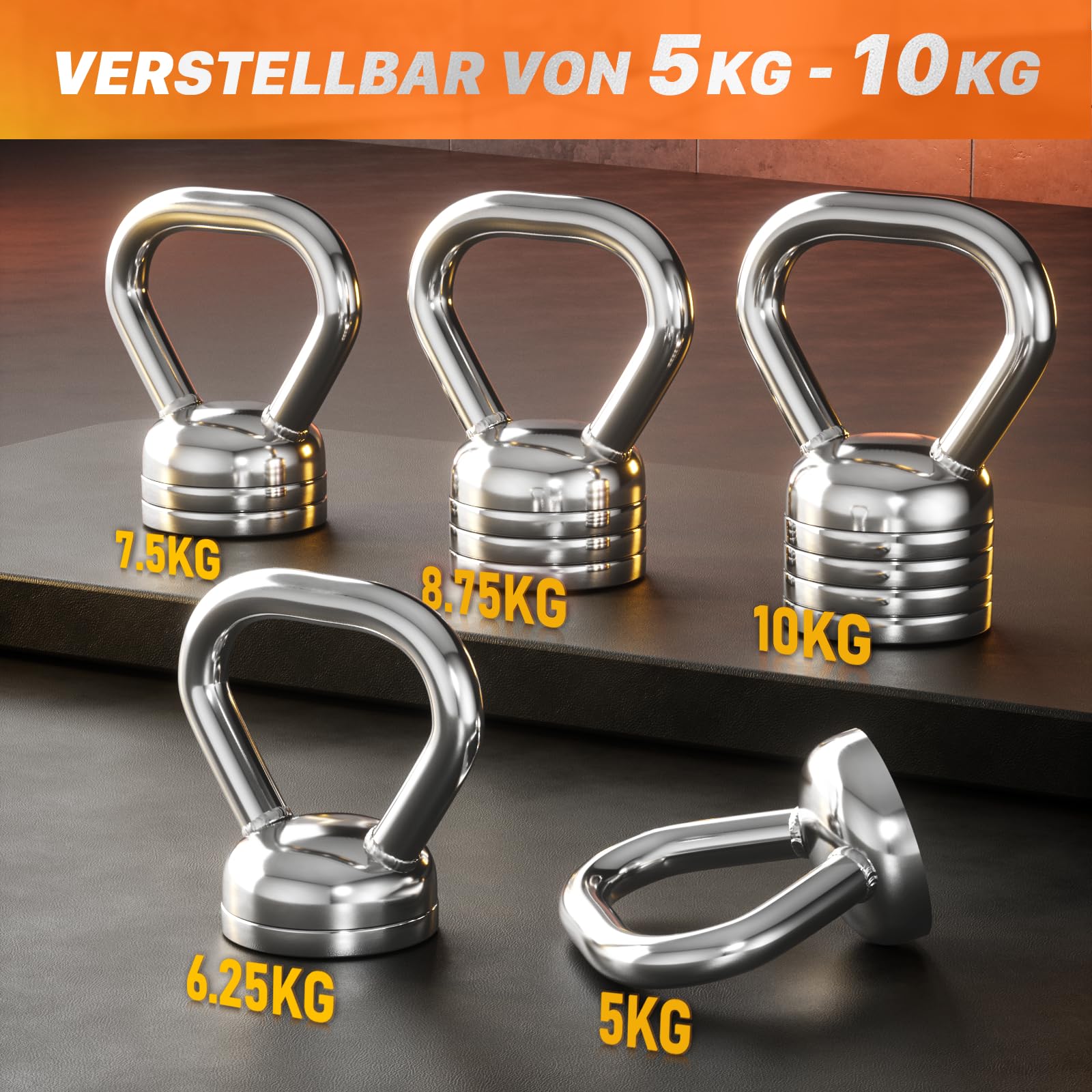 Northdeer Kettlebell regolabile 10 kg – manubrio in acciaio 5 kg 6,25 kg 7,5 kg 8,75 kg 10 kg regolabile – pesi per allenamento di forza fitness a casa