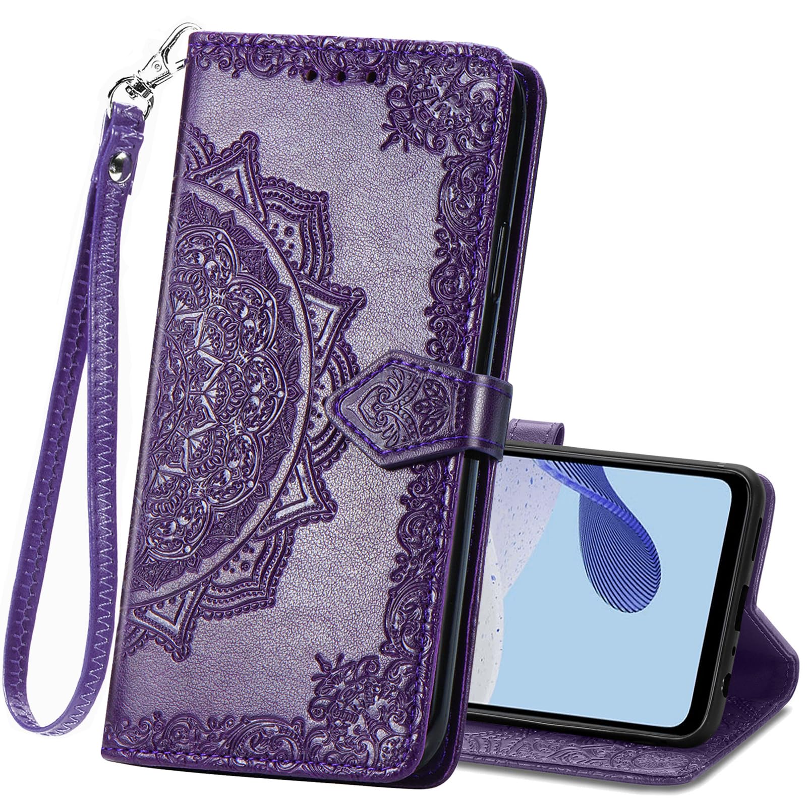 Wallet Case for Moto G 5G 2025,Flip Case PU Leather Emboss Mandala Flowers Wrist Strap Folio Card Slots Magnetic Kickstand Protective Phone Cover Men