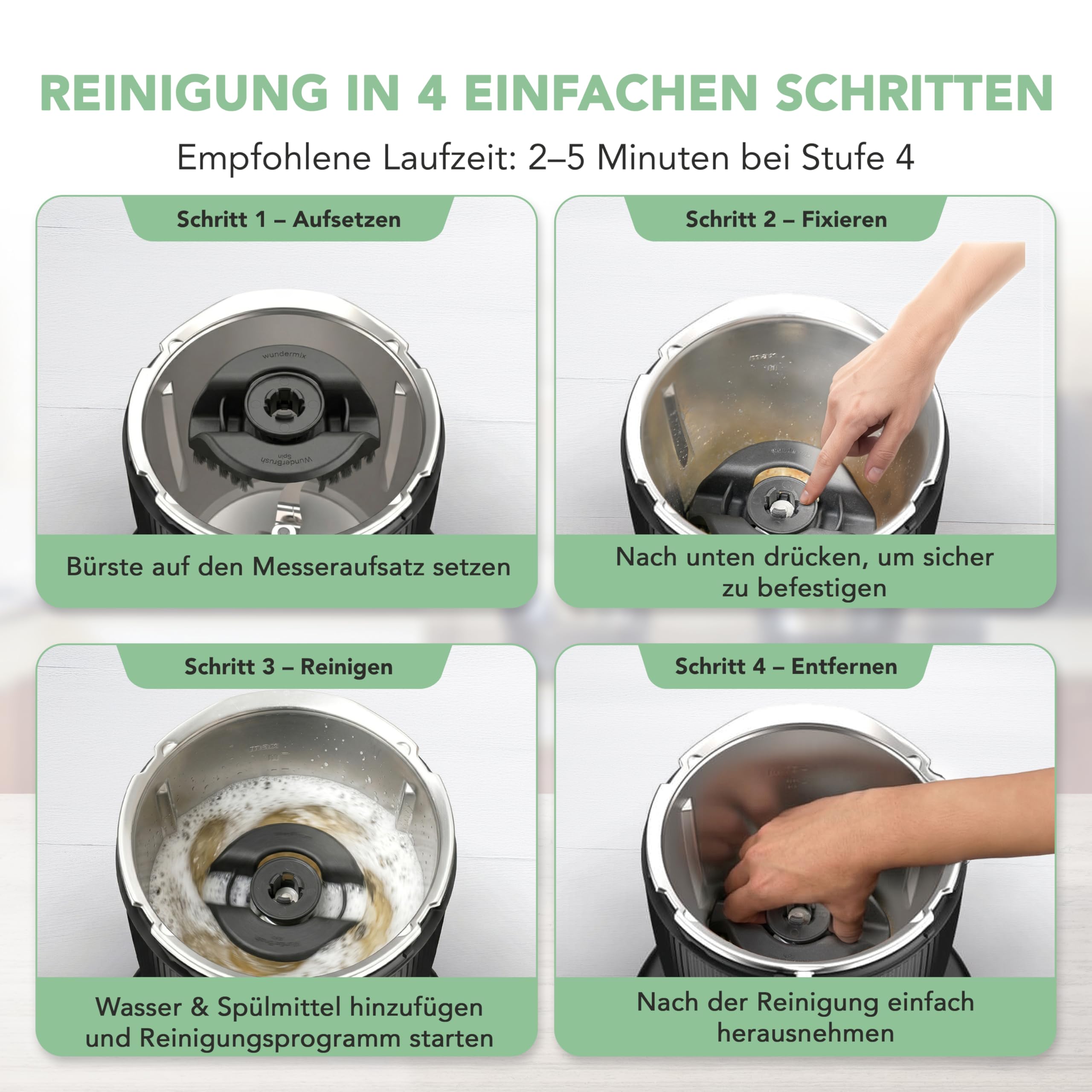 Wundermix WunderBrush® Spin Reinigungsbürste für Thermomix TM7 TM6 TM5 – Mixtopf-Bürste gegen Fett, Teigreste und Eingebranntes, spülmaschinengeeignet, mit Klickverschluss, Kunststoff schwarz