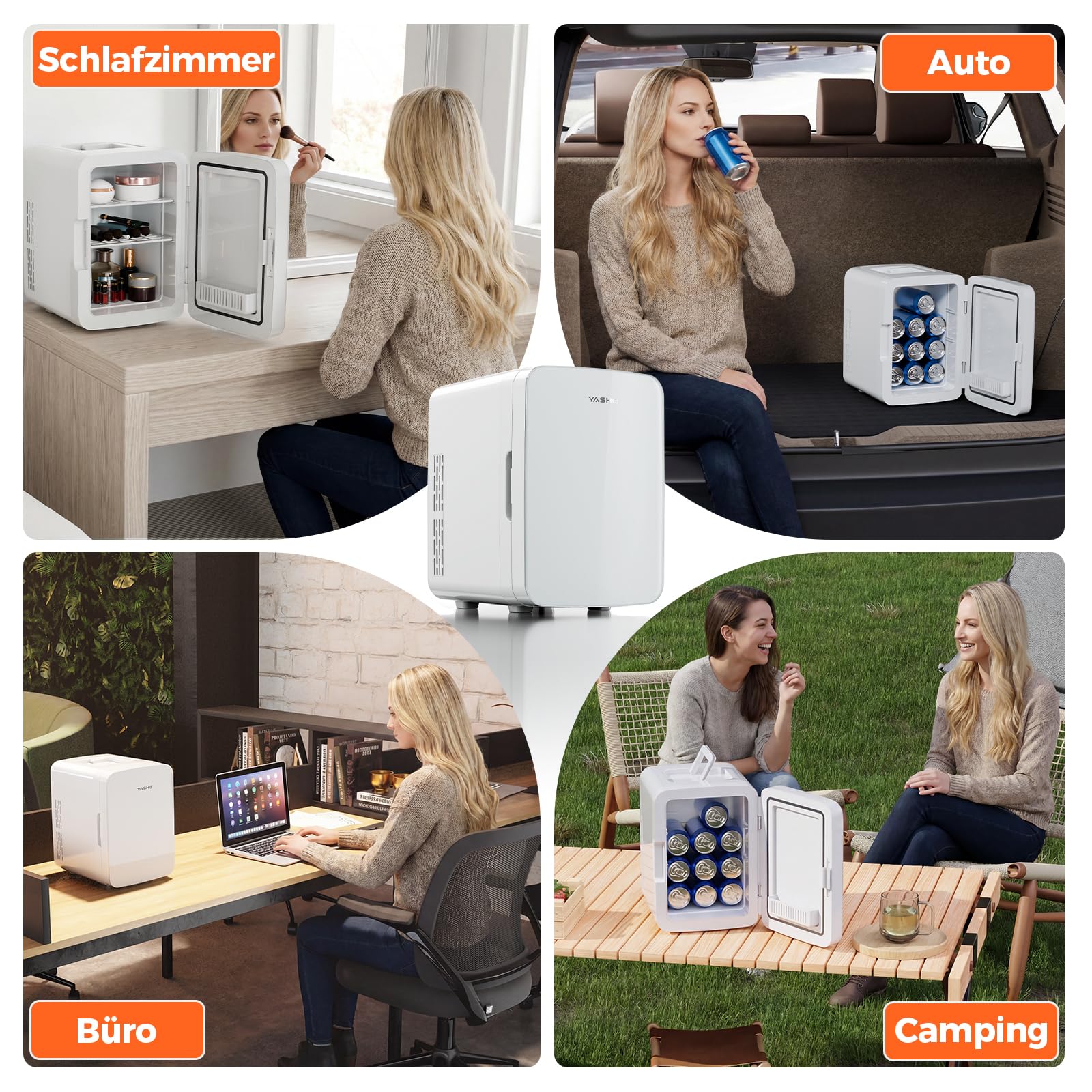 YASHE Mini-Kühlschrank 10L, kleiner Kühlschrank für 12 Dosen, AC/DC Thermoelektrischer Kühler und Wärmer, leiser Mini Kühlschrank für Hautpflege, Getränke, Schlafzimmer, Büro, Auto, Weiß