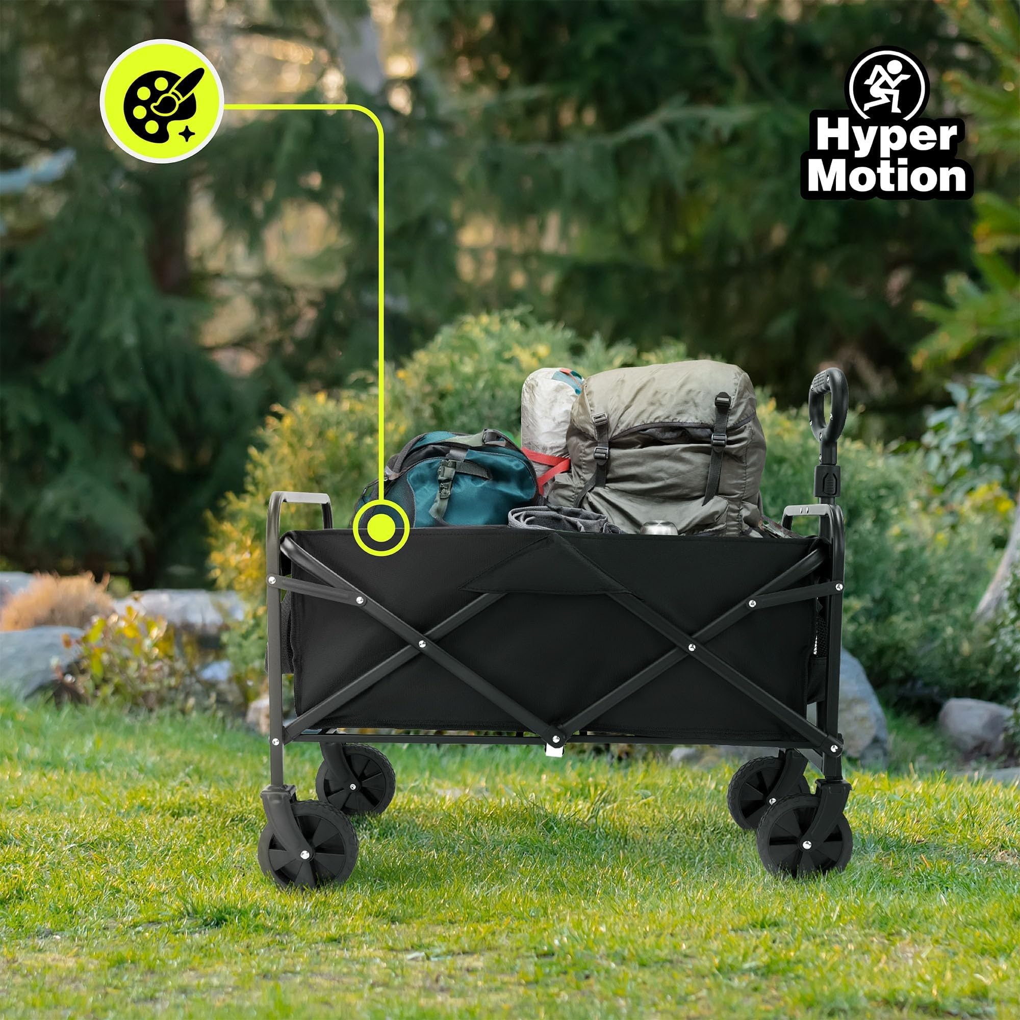 HyperMotion Carrello Pieghevole con Ruote Portatutto 80L, Carrello da Giardino e Campeggio in Acciaio, 79x49x92 cm, Chiusura Rapida, 4 Ruote Girevoli, Nero