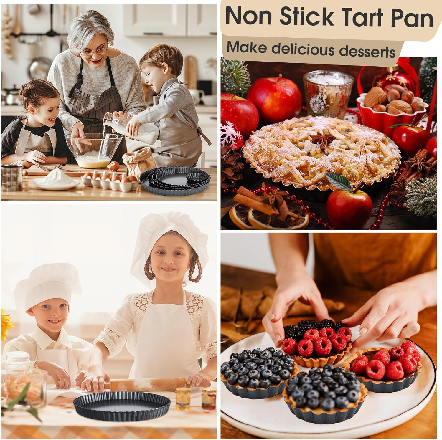 8 Pcs Non Stick Tart Pan with Removable Bottom 4'' 9.5" 10" 11" 12.6" Quiche Baking Dish Round Carbon Steel Mini Pie Pans Fluted Edges for Mousse Cakes Dessert Baking Tool Christmas Party