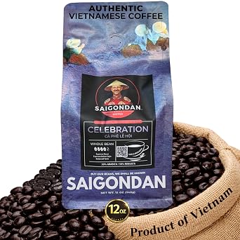 Vietnamese Whole Bean Coffee - Saigondan Celebration 50% Robusta 50% Espresso Italian Style Roast - Premium Single Origin, Direct Trade Vietnamese Coffee - 12 oz