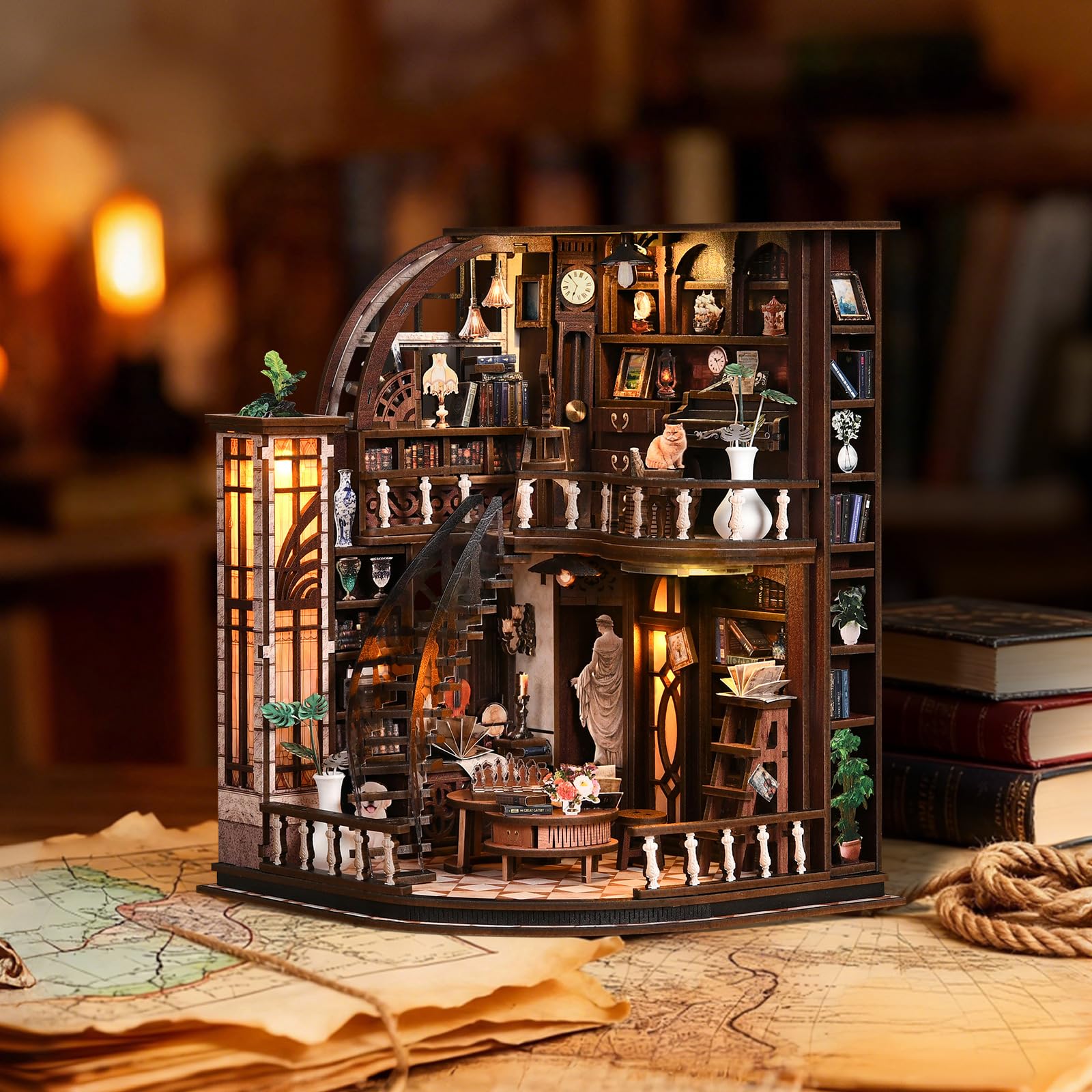 Book Nook Bausatz, DIY Miniatur-drewniane puzzle, biblioteka w stylu vintage z oświetleniem LED, Nook art, miniaturowy stojak, prezenty urodzinowe (biblioteka Bacchus)