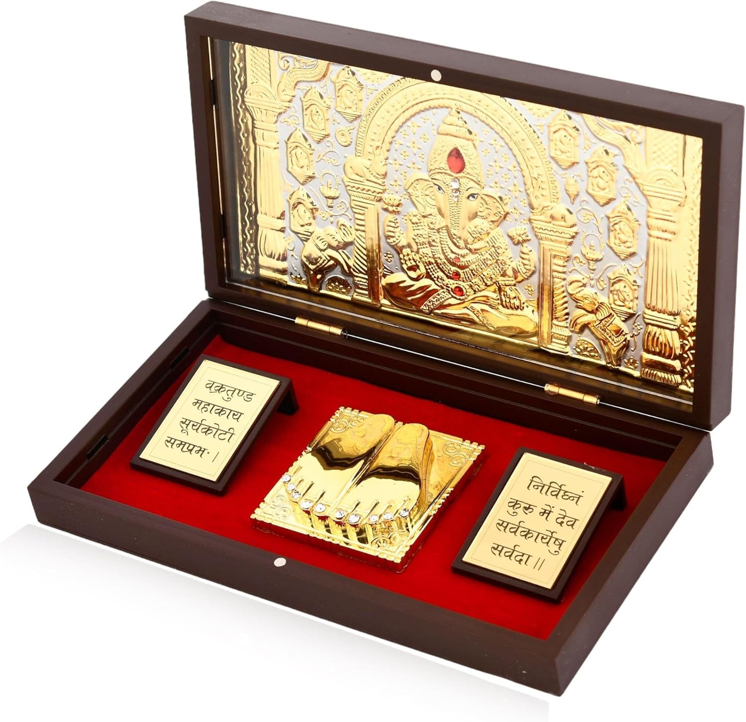 LOVENSPIRE Large Gold Plated Ganesha Photo Frame with Charan Paduka & Mantra for Diwali Housewarming Indian Wedding Return Gift Worship Pooja Room Decor Hindu Religious Devotional Paduka Prayer Box