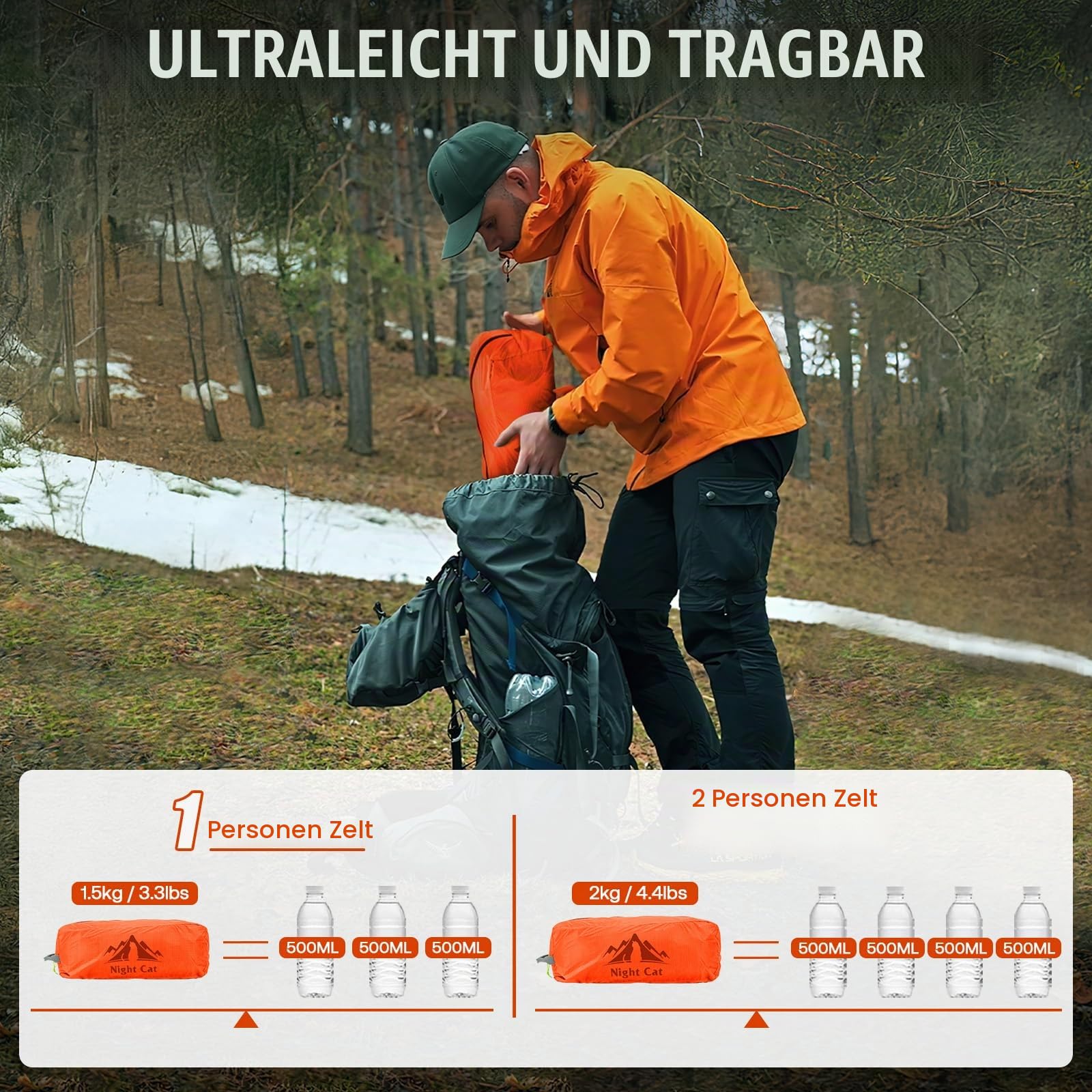 Night Cat Tunnelzelt 1 Personen Wasserdicht: Ultraleichtes Zelt Silnylon 15D 5000MM 1.5 KG für Fahrradtour Kleines Packmaß Camping Trekking