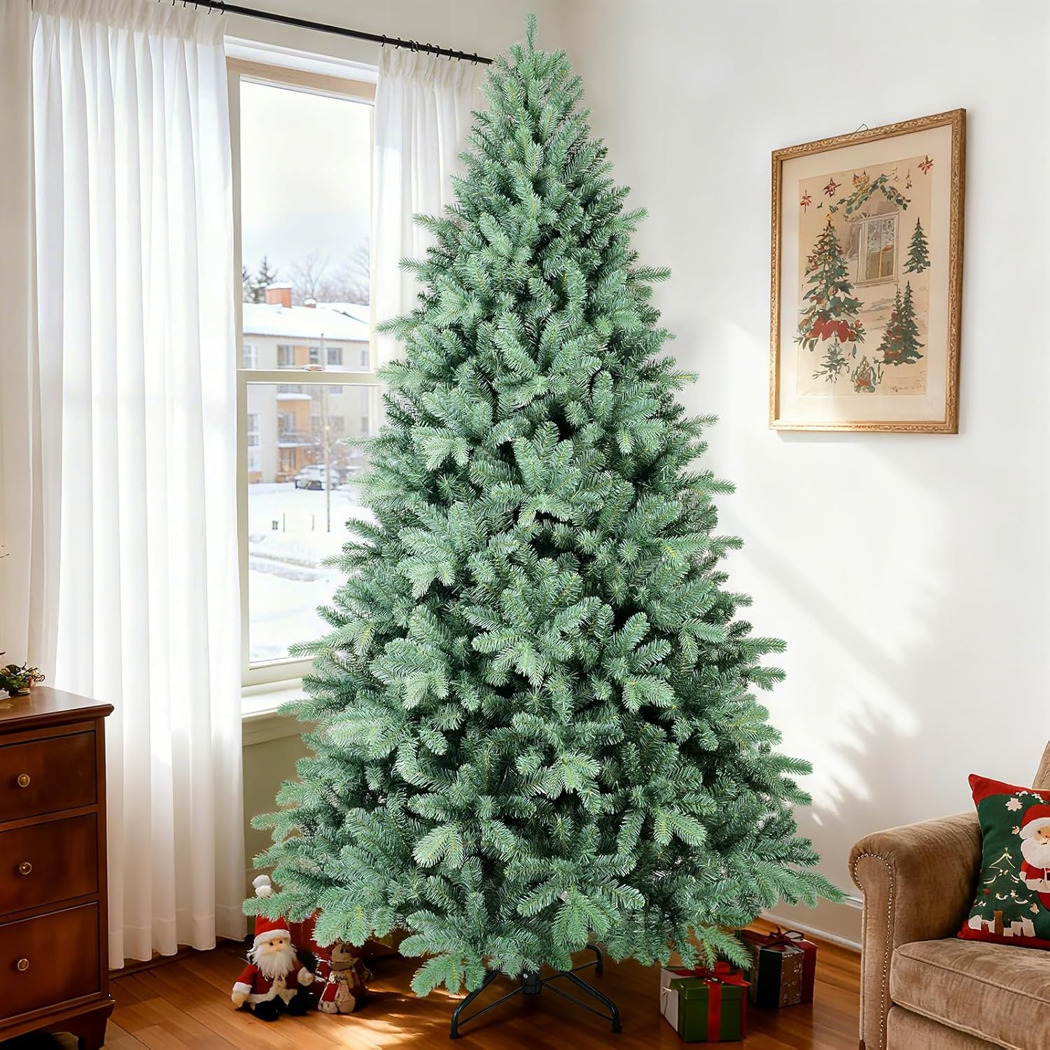 8 Ft Blue Spruce Artificial Christmas Tree, Hinged Unlit Xmas Trees with 2458 PE&PVC Mixed Branch Tips, Home Holiday School Decor with Foldable Base Easy Setup