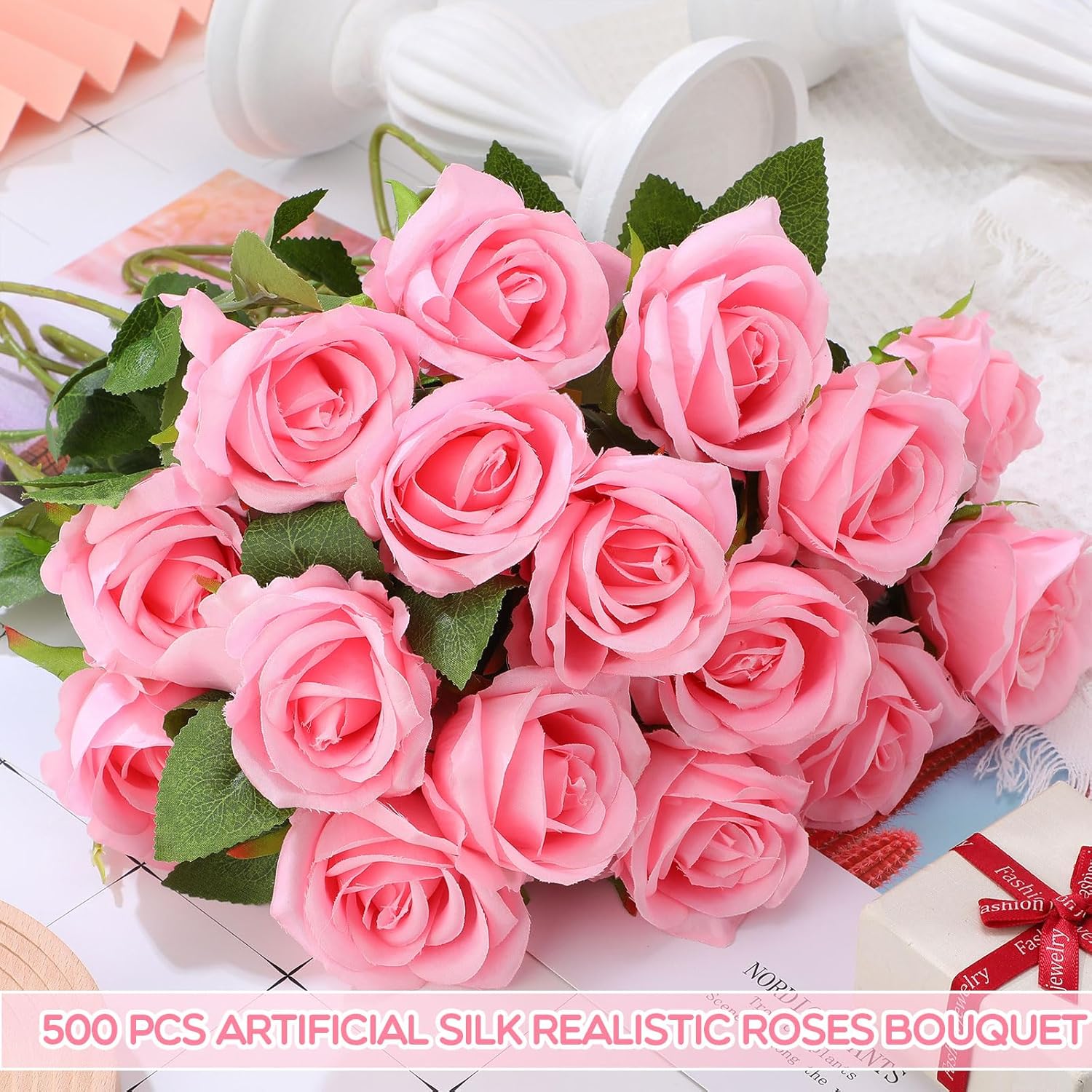 Riceshoot 500 Pcs Artificial Silk Roses Flowers with Long Stem Bridal Wedding Bouquet Realistic Floral Bulks for Garden Home Party Gifts Favor Decoration(Pink)