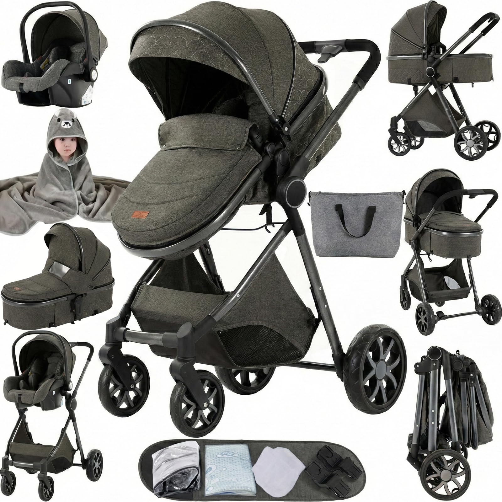 MoLi Carro Bebe 3 Piezas, Carrito Bebe 3 en 1 con Modo de Doble Empuje Reversible, Cochecito Tres Piezas Plegado Conveniente con Un Solo Clic, Coche Tres en 1 Paisaje Alto (225 Dark Grey)