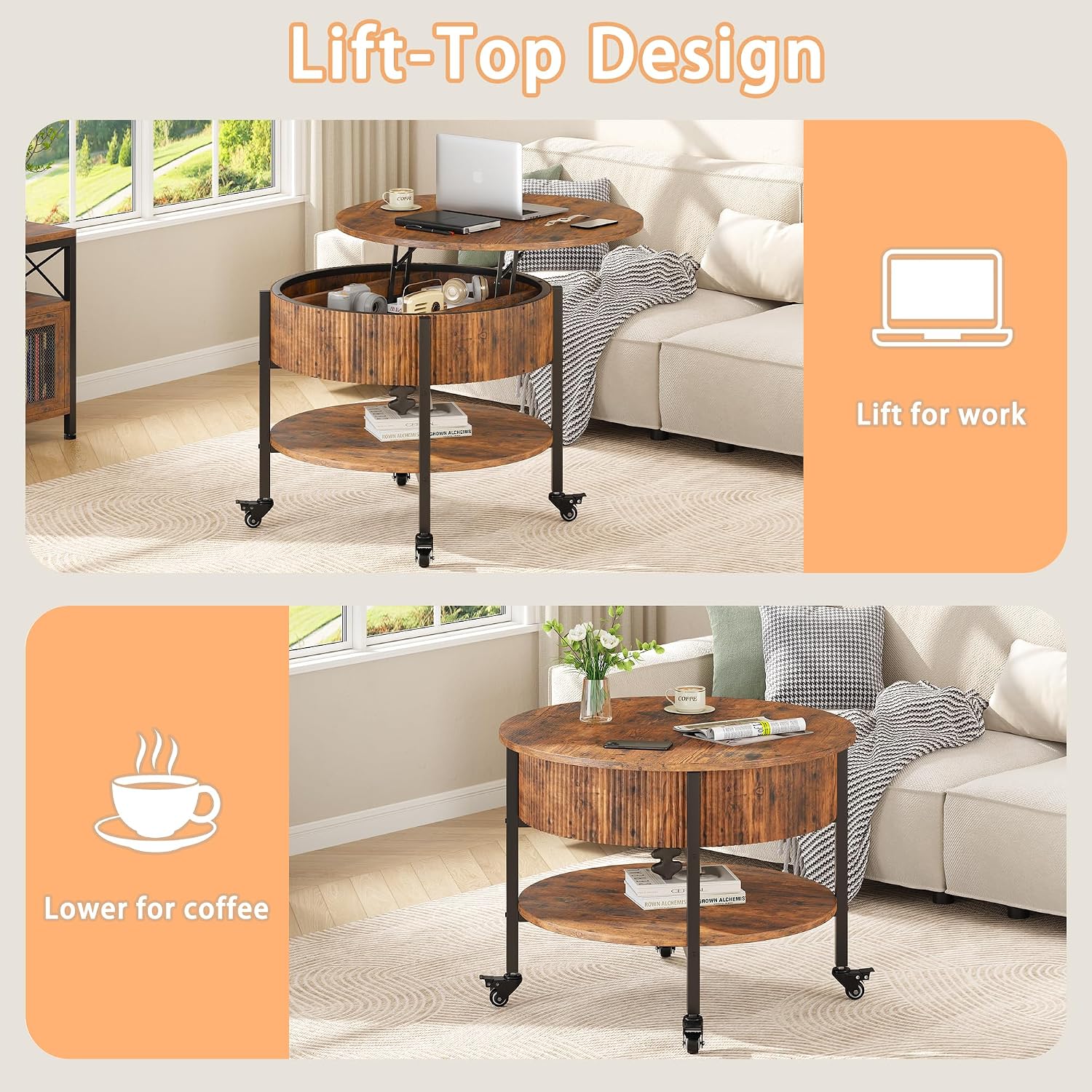 26.77” Small Coffee Table, Round Fluted Lift Top Coffee Table with Storage, Rustic Central Table with Lift Tabletop for Living Room, Home Office, Brown