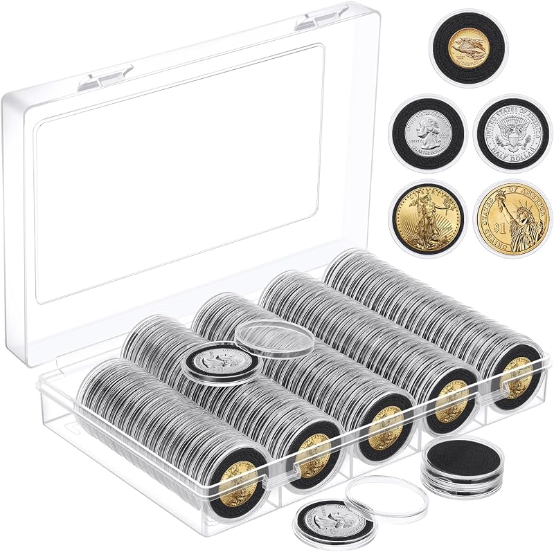 100pcs 30mm Coin Capsules Set - Coin Holders for Collectors with 5 Sizes (17/20/25/27/30mm) Adjustable Foam Gaskets & Plastic Coin Storage Box