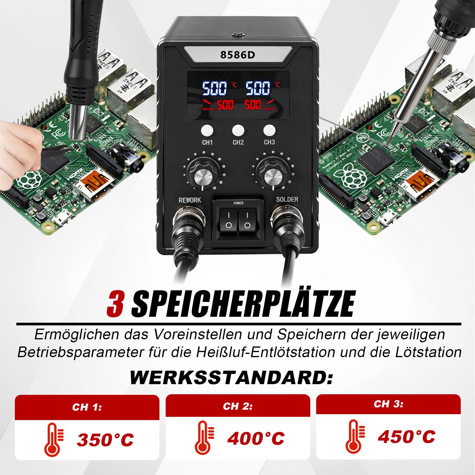 Kit de estación de soldadura de aire caliente 2 en 1, 180 – 500 °C, pantalla digital 8586D, con pistola de calor de 700 W + soldador de 60 W, múltiples puntas, herramienta de desoldadura para soldar y