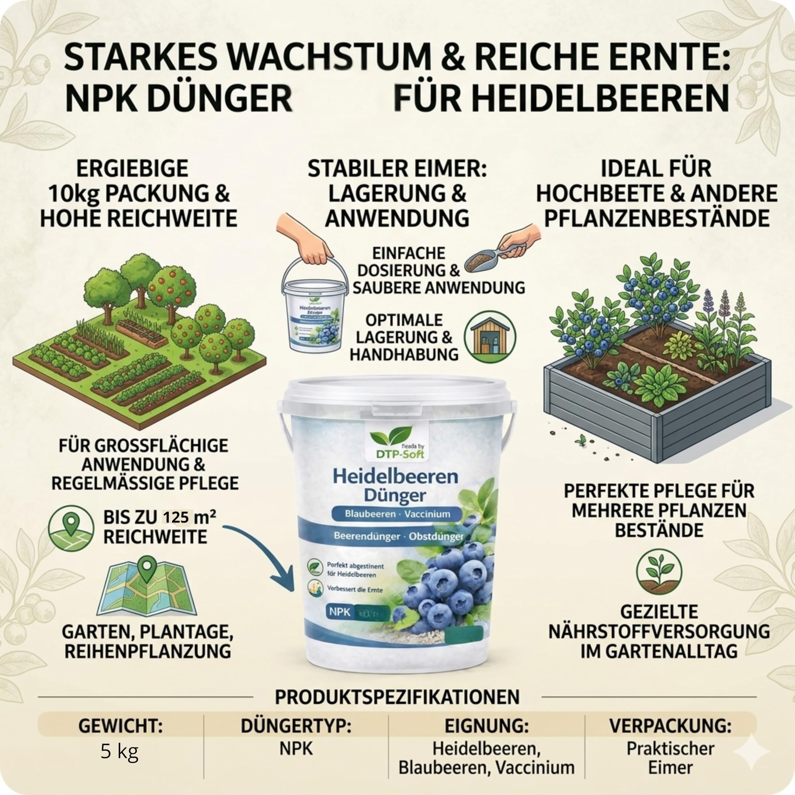 Heidelbeerdünger 5kg Eimer - Heidelbeeren Dünger für Blaubeeren, Vaccinium und Moorbeetpflanzen - Premium NPK Dünger für bis zu 125 m² - für kräftige Wurzeln, starke Pflanzen und aromatische Früchte