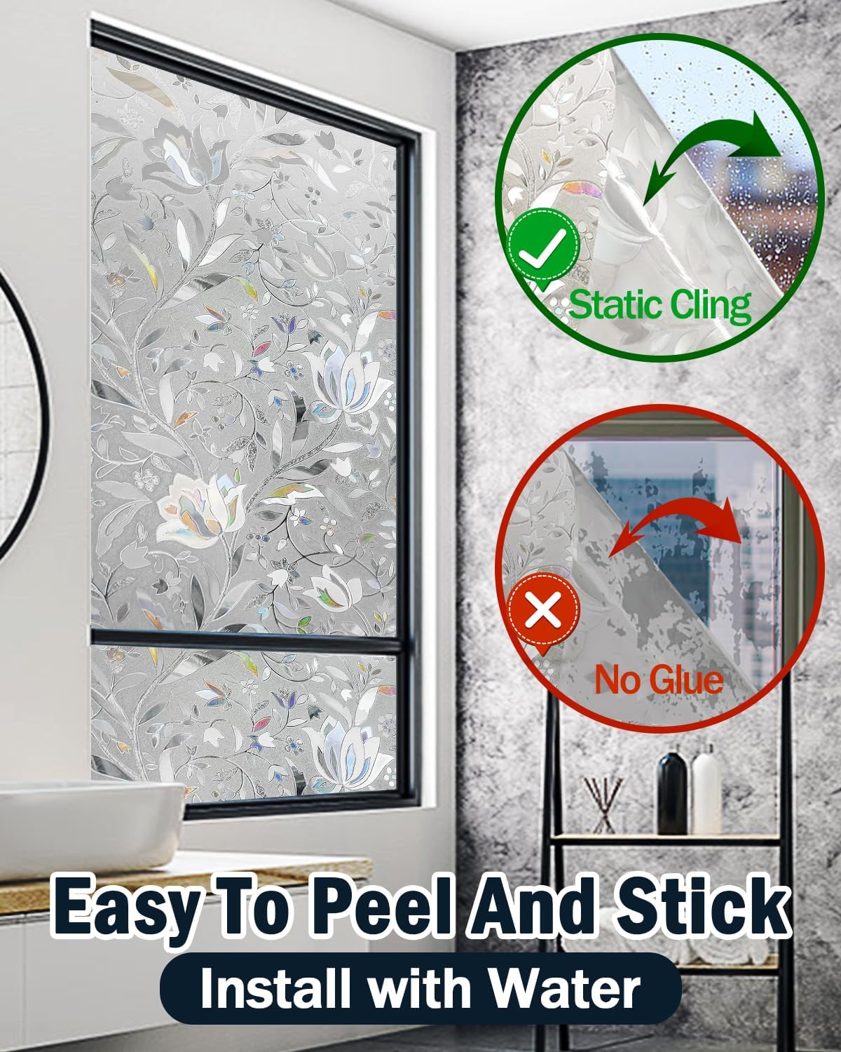 Frosted Tulip Patterned Window Privacy Film with Installation Tools, Stained Glass Decorative Film, Removable, Peep-Proof, Static Cling (35.4 x 157.5 Inch)