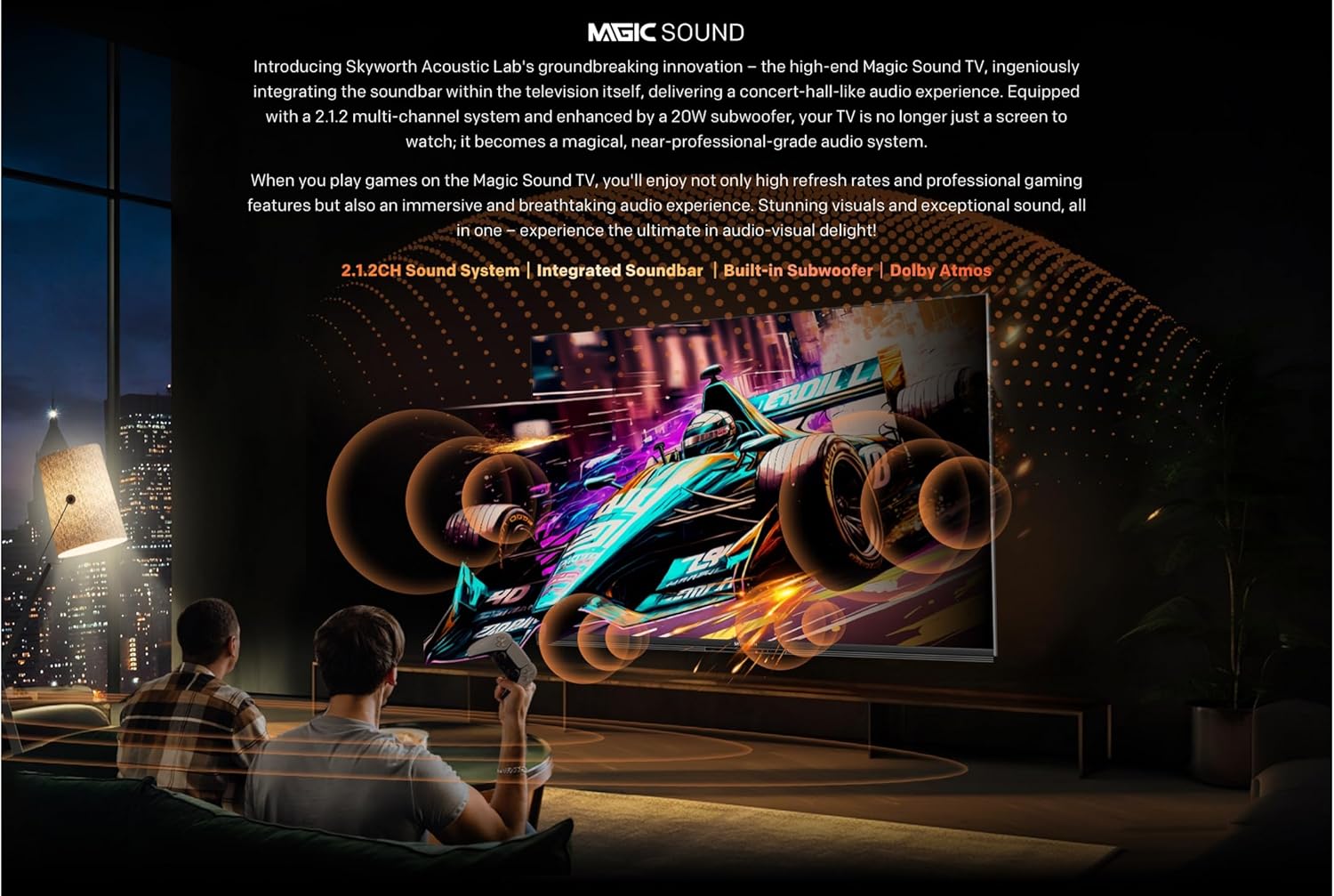 Saketti view of the integrated soundbar showing the placement of full-frequency speakers and tweeters.
