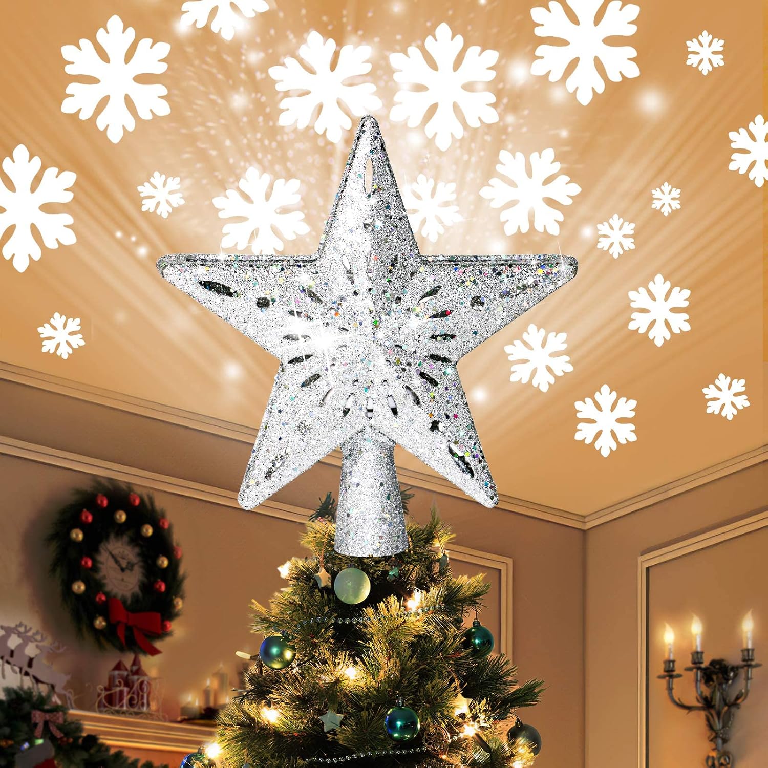 AOYOO Christmas Tree Topper Lighted Star Top Topper with LED Rotating Snowflake Projector Lights | 3D Magic Glitter Snow Projection for Home Indoor Outdoor Xmas Decorations Holiday Party Ornament