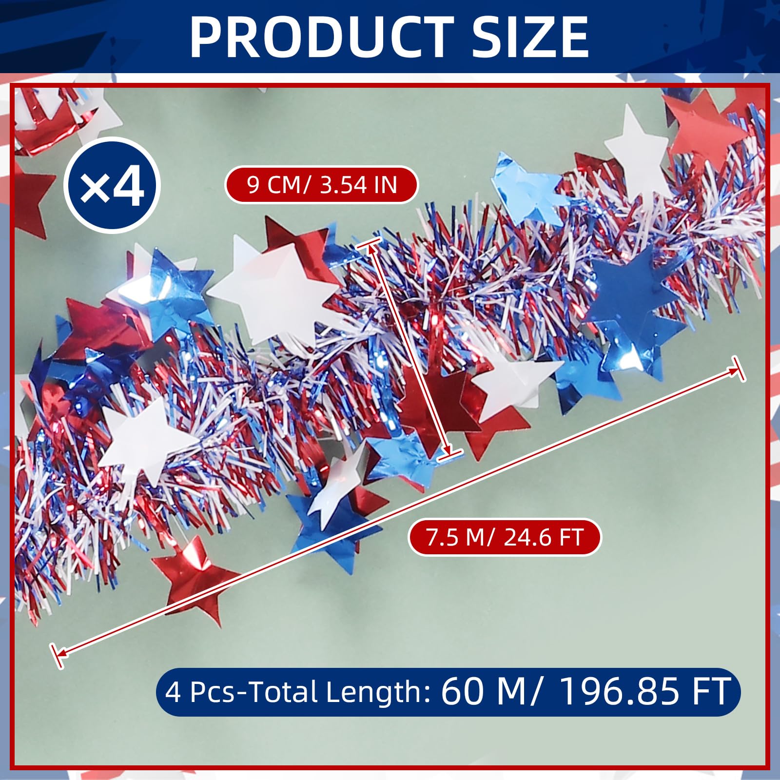 Yugada 200 Feet 4th of July Tinsel Garland Red Blue Patriotic Star Tinsel Garland for 4th of July Party Decoration Christmas Tree Independence Day Memorial Day Celebration