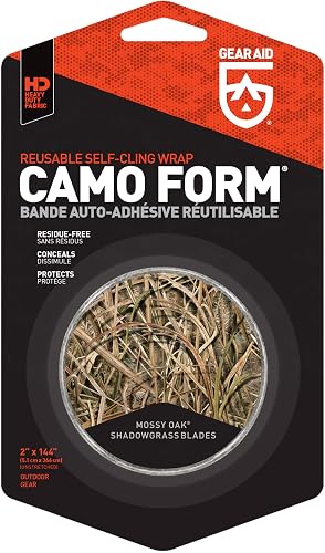 GEAR AID Camo Form Self-Cling and Reusable Camouflage Wrap, Shadow Grass Blades, 2” x 144” Roll, Model: 19502