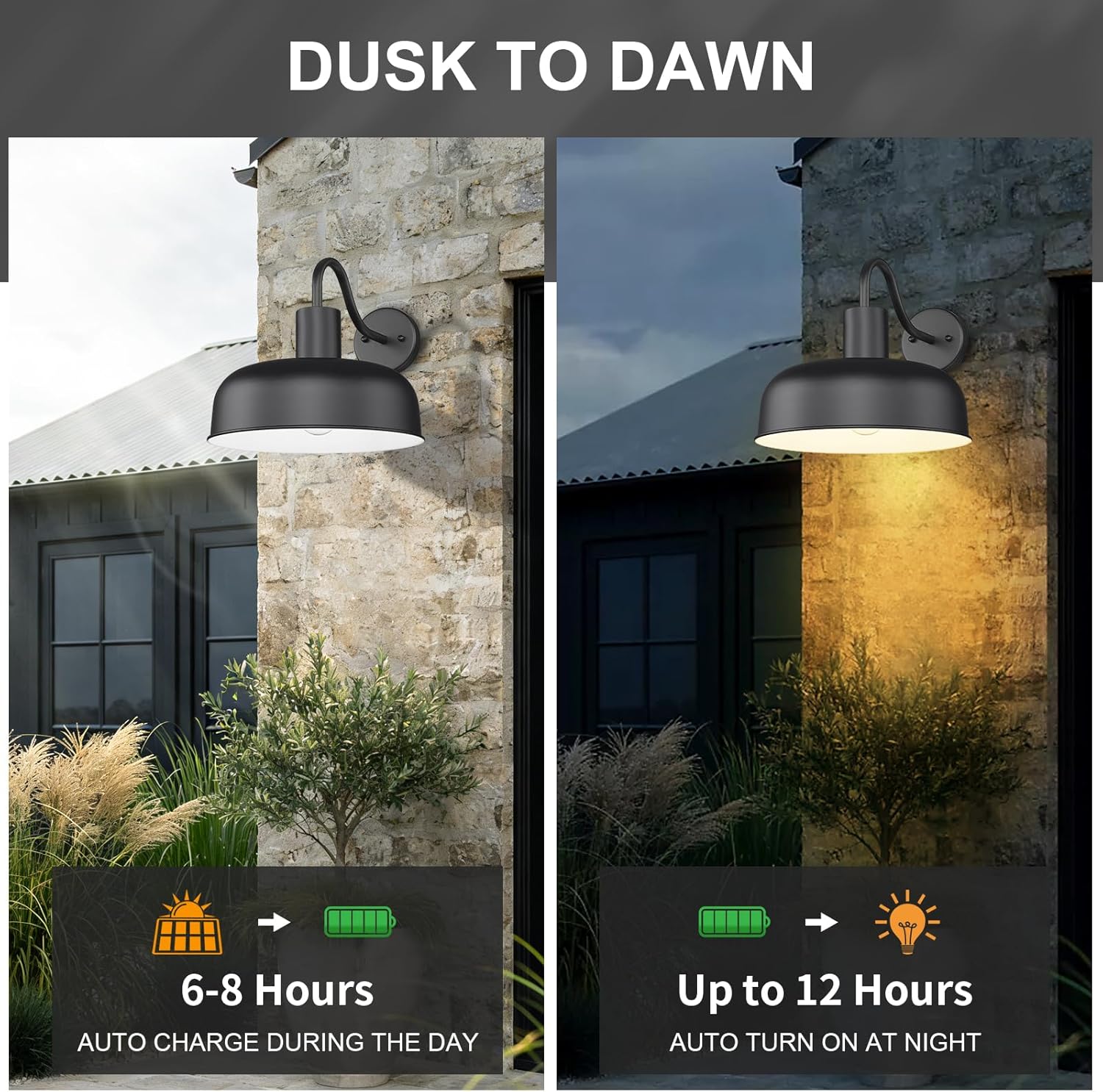 Darkaway Solar Barn Light for Outdoor, Dusk to Dawn Outside Wall Lights Solar Powered, Industrial Gooseneck Black Exterior Wall Sconce for House Porch Garage